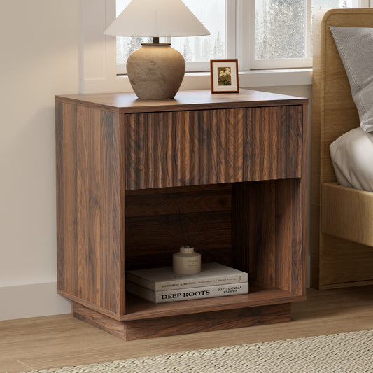 22 Inch Extra Wide Nightstand, Wooden Night Stand with Large Drawer & Open Shelf, Mid Century Modern Bedside Tables for Bedroom, Home Office, Hallway, Easy Assembly