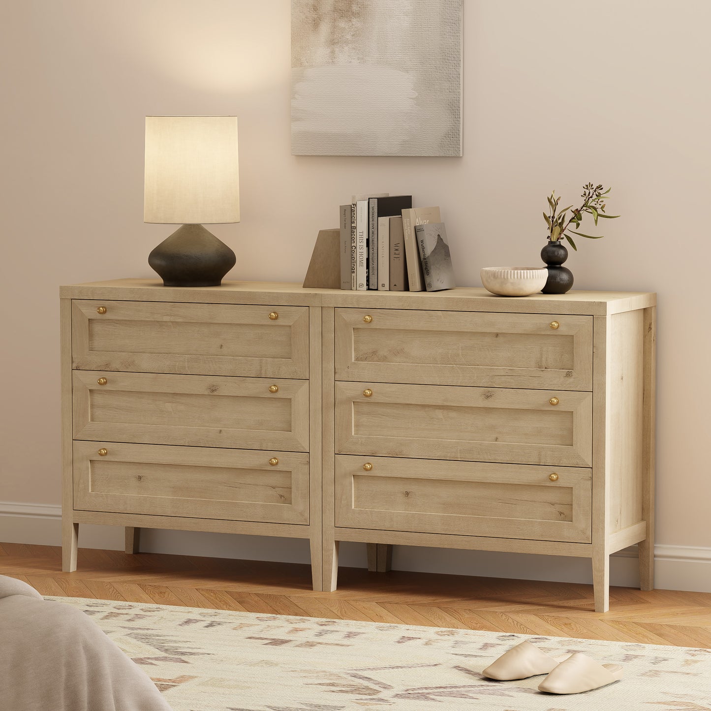 3 Drawers Dresser for Bedroom, Farmhouse Closet Storage Organizer with Golden Handles, Wooden Nightstand End Table for Living Room, Bedroom, Entryway, Hallway