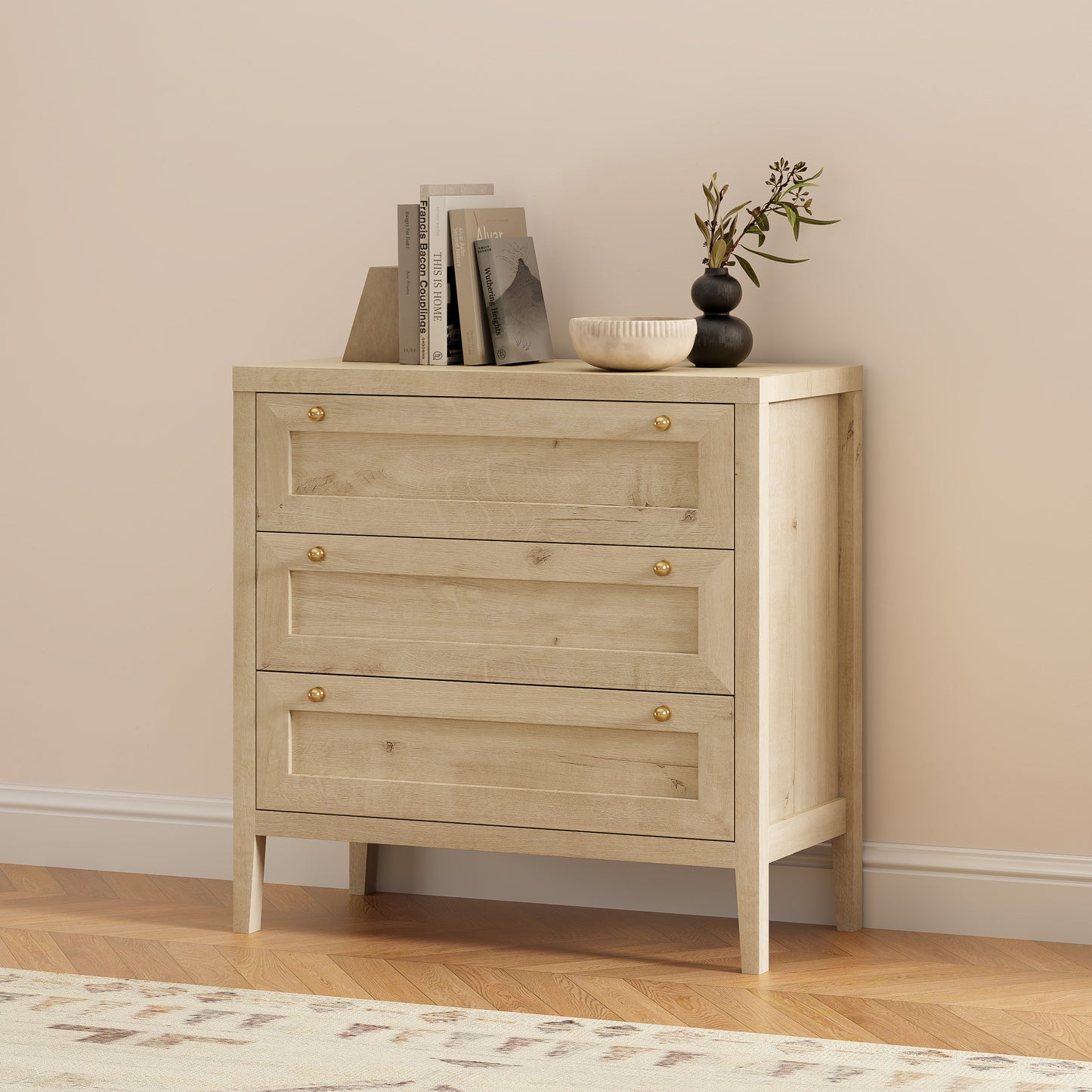 3 Drawers Dresser for Bedroom, Farmhouse Closet Storage Organizer with Golden Handles, Wooden Nightstand End Table for Living Room, Bedroom, Entryway, Hallway