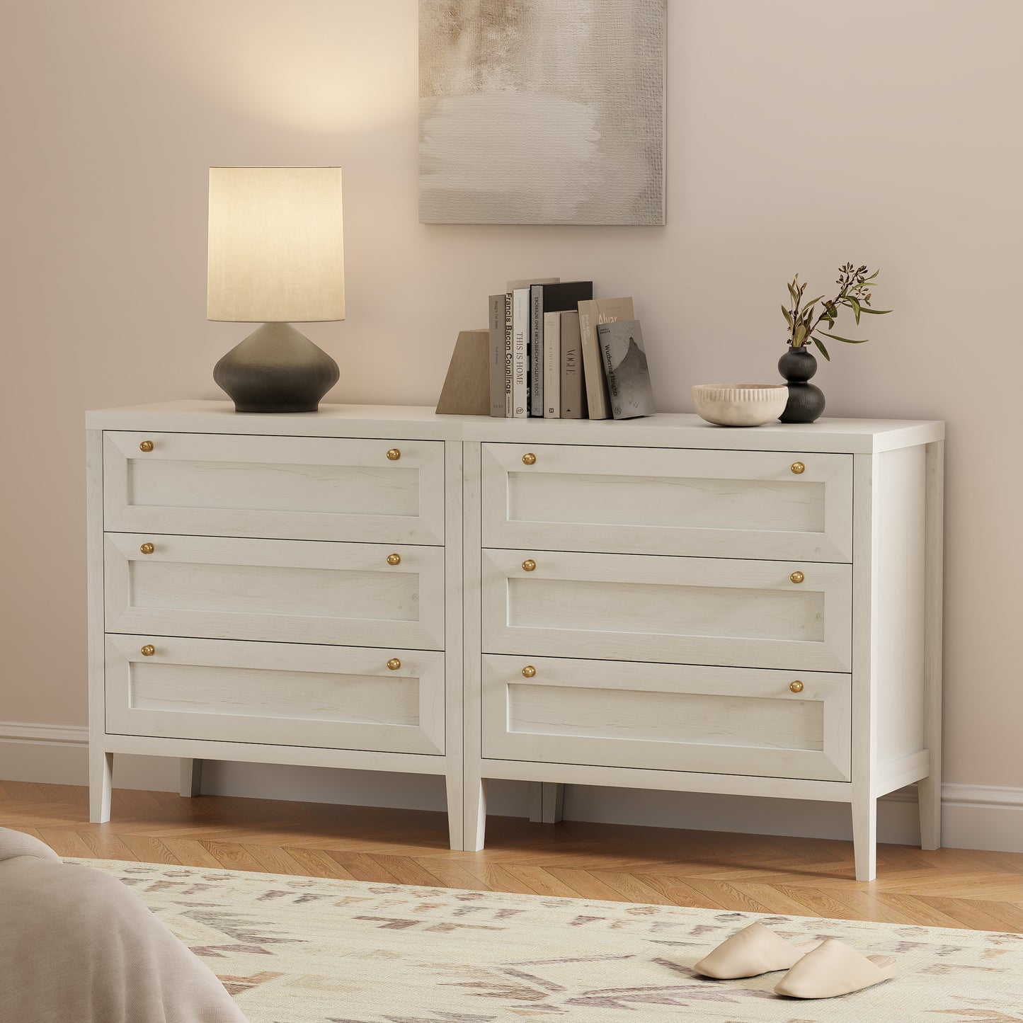3 Drawers Dresser for Bedroom, Farmhouse Closet Storage Organizer with Golden Handles, Wooden Nightstand End Table for Living Room, Bedroom, Entryway, Hallway