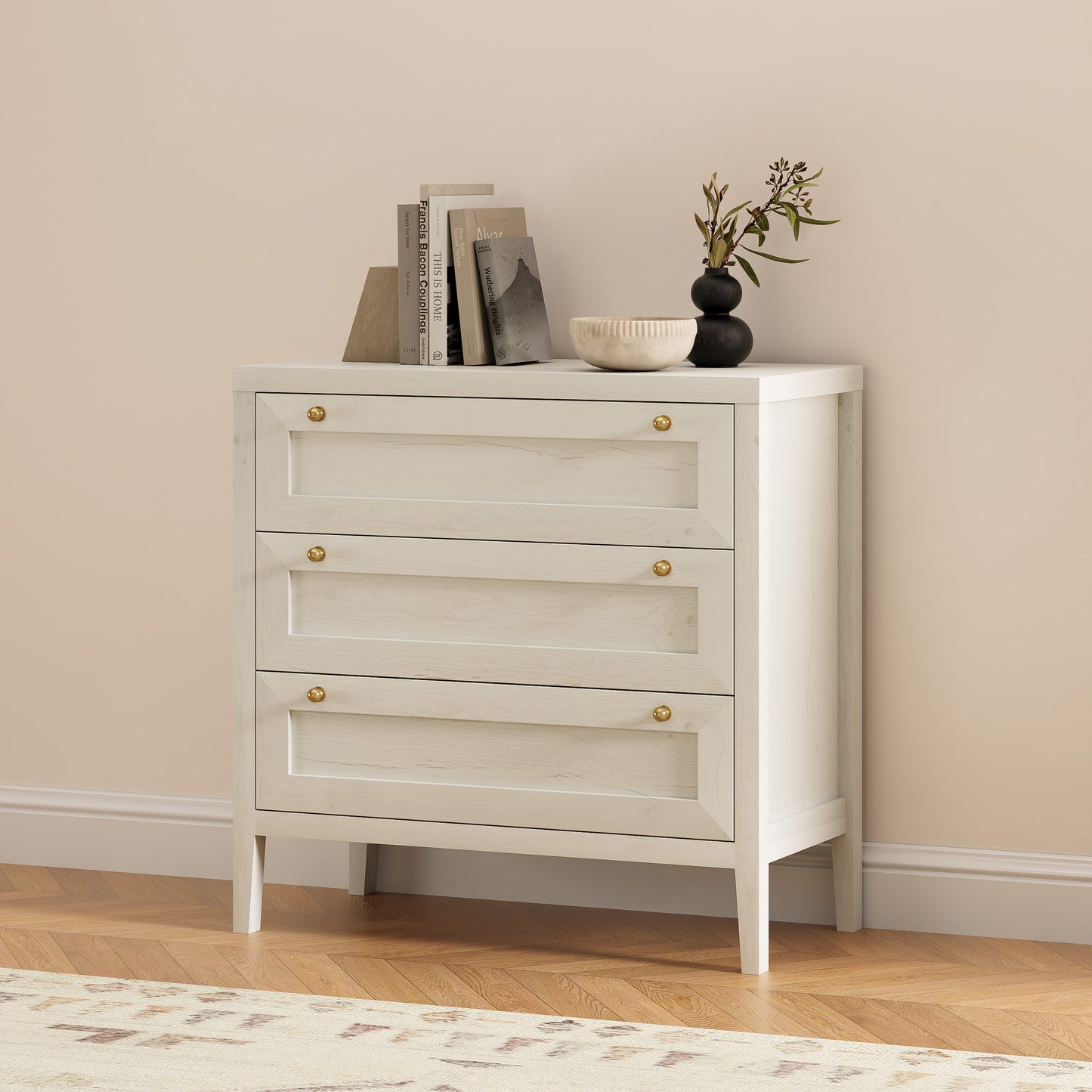 3 Drawers Dresser for Bedroom, Farmhouse Closet Storage Organizer with Golden Handles, Wooden Nightstand End Table for Living Room, Bedroom, Entryway, Hallway