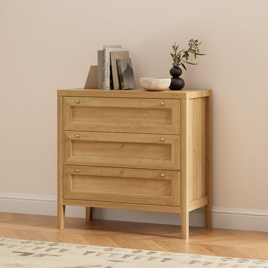 3 Drawers Dresser for Bedroom, Farmhouse Closet Storage Organizer with Golden Handles, Wooden Nightstand End Table for Living Room, Bedroom, Entryway, Hallway