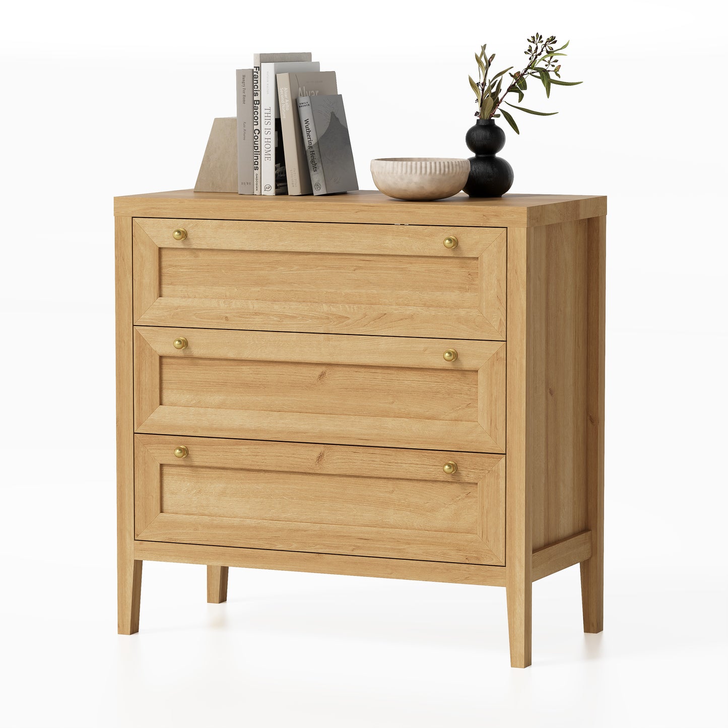 3 Drawers Dresser for Bedroom, Farmhouse Closet Storage Organizer with Golden Handles, Wooden Nightstand End Table for Living Room, Bedroom, Entryway, Hallway