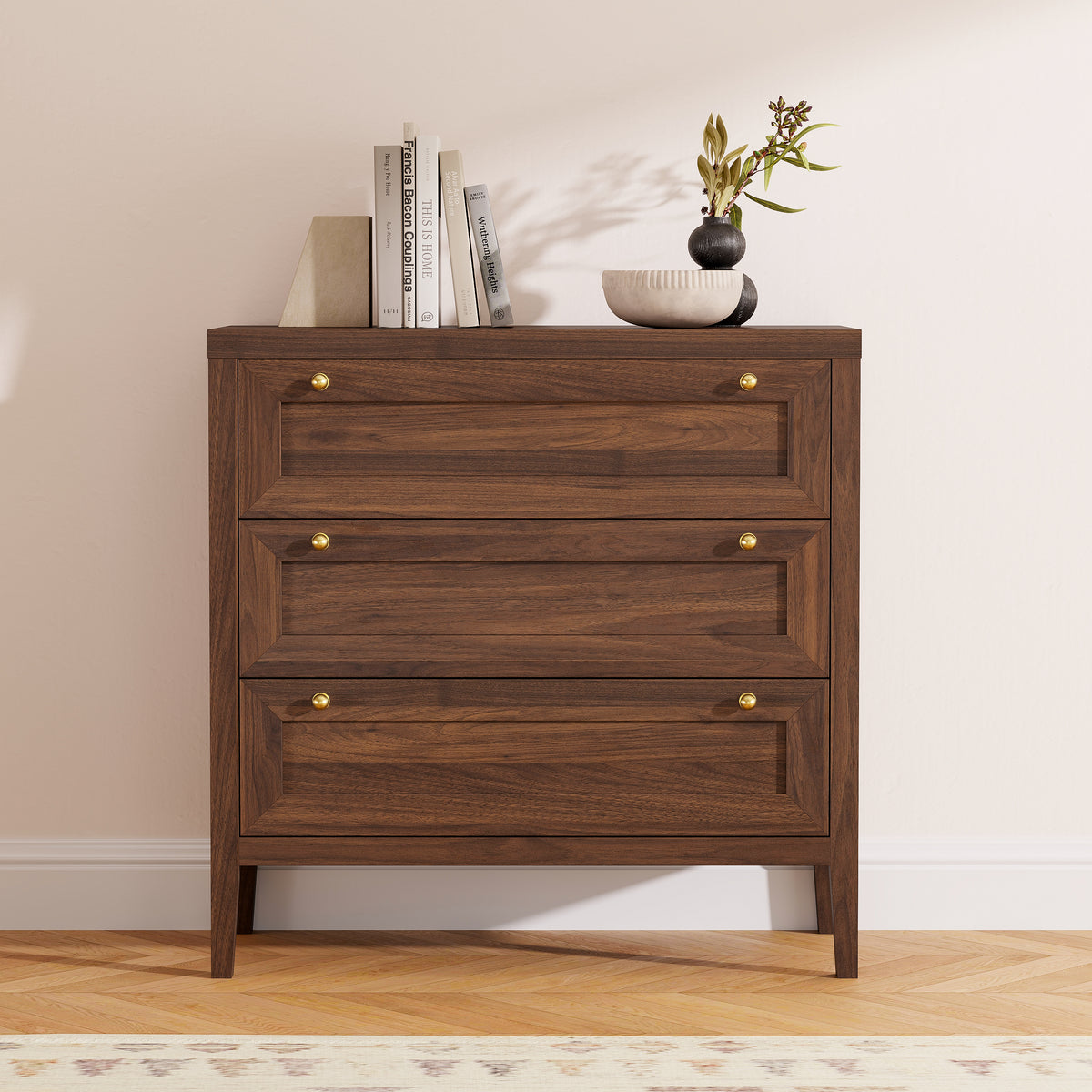 3 Drawers Dresser for Bedroom, Farmhouse Closet Storage Organizer with Golden Handles, Wooden Nightstand End Table for Living Room, Bedroom, Entryway, Hallway
