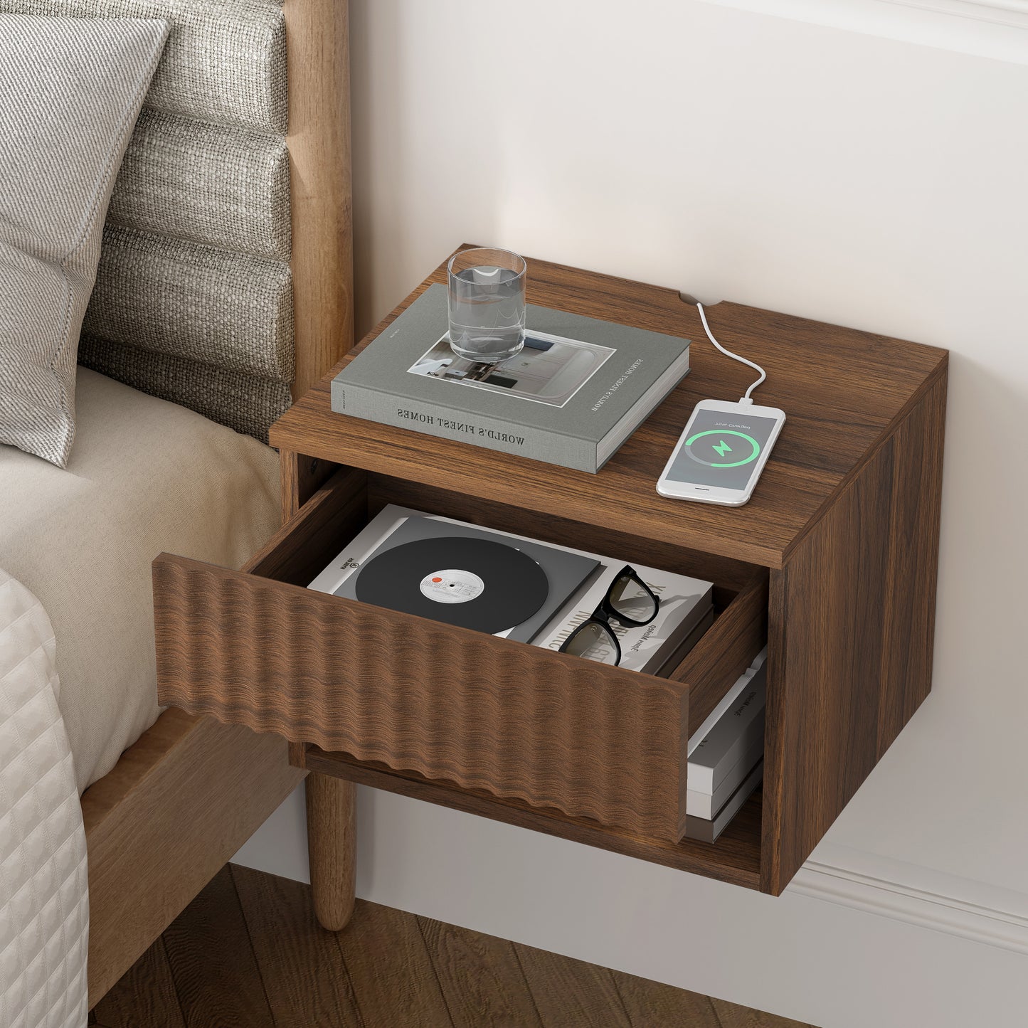 Floating nightstand，Modern Fluted Bedside Tables with Drawer & Open Shelf