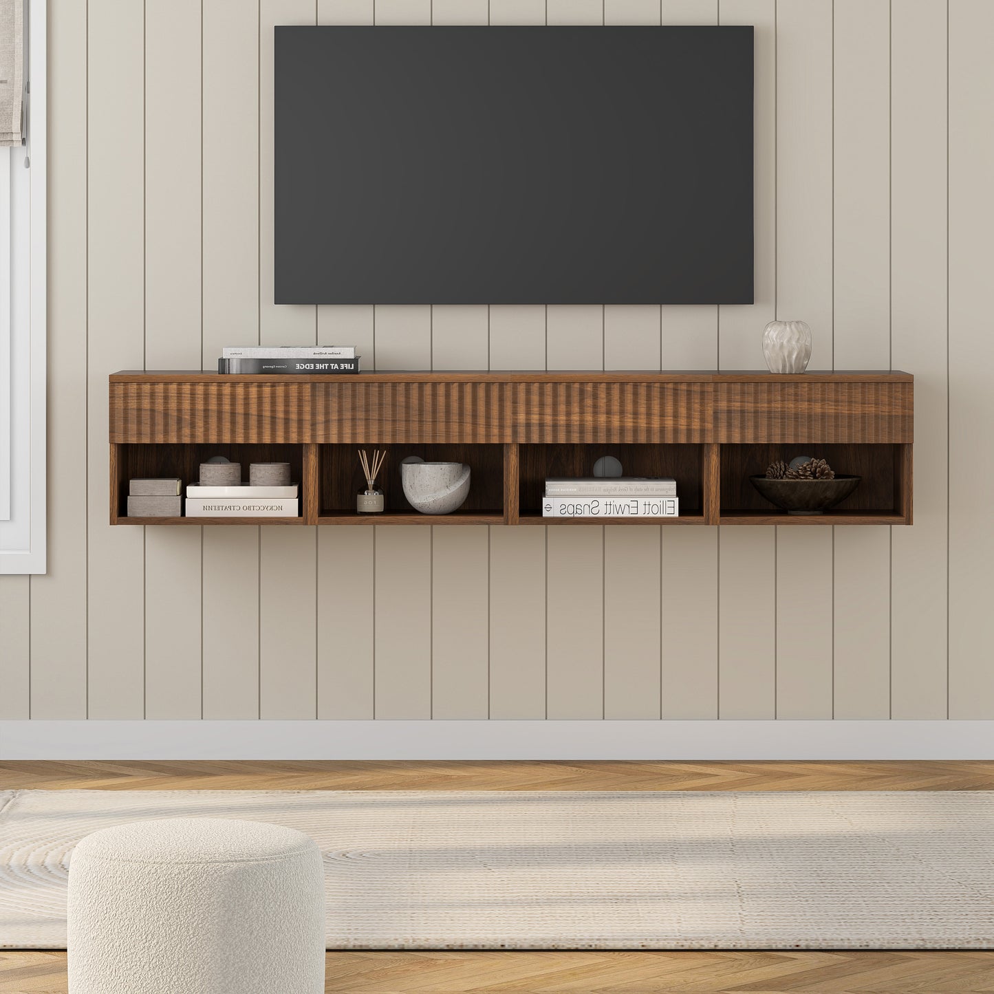 Floating nightstand，Modern Fluted Bedside Tables with Drawer & Open Shelf