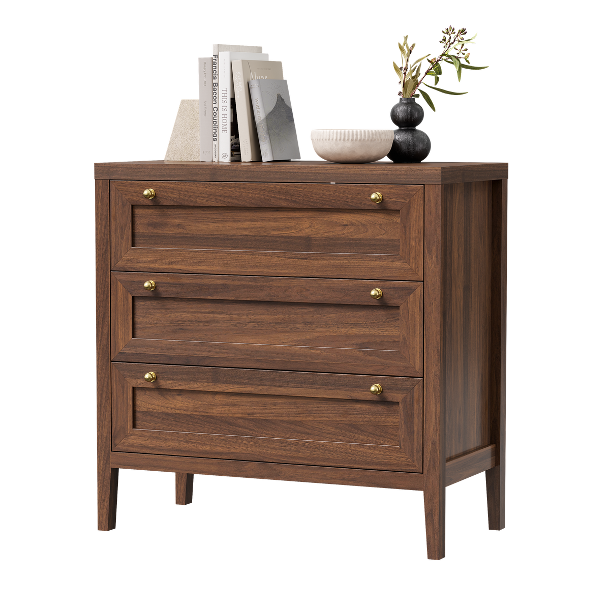 3 Drawers Dresser for Bedroom, Farmhouse Closet Storage Organizer with Golden Handles, Wooden Nightstand End Table for Living Room, Bedroom, Entryway, Hallway