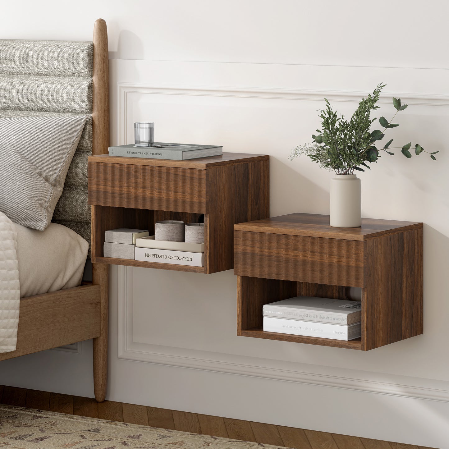 Floating nightstand，Modern Fluted Bedside Tables with Drawer & Open Shelf