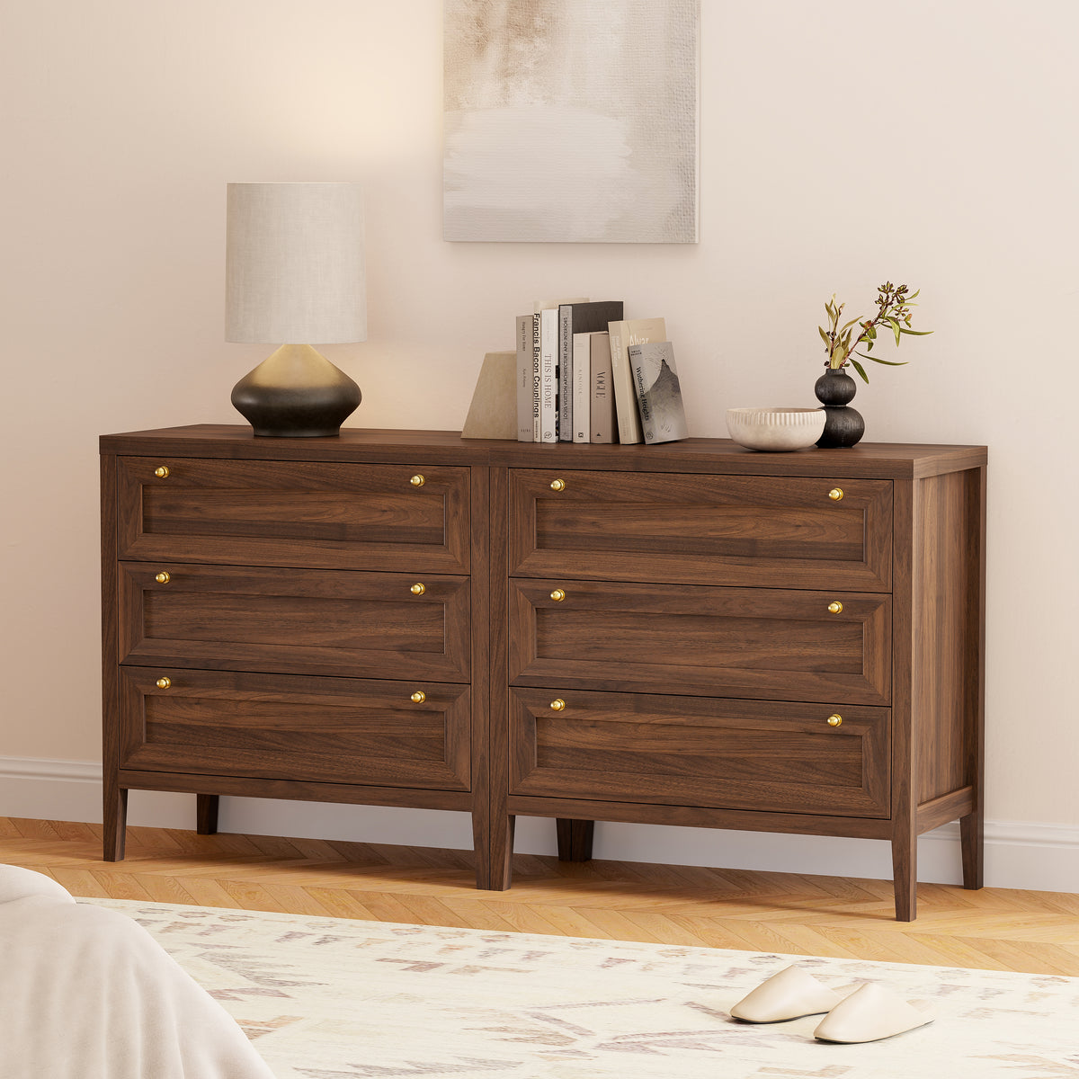 3 Drawers Dresser for Bedroom, Farmhouse Closet Storage Organizer with Golden Handles, Wooden Nightstand End Table for Living Room, Bedroom, Entryway, Hallway