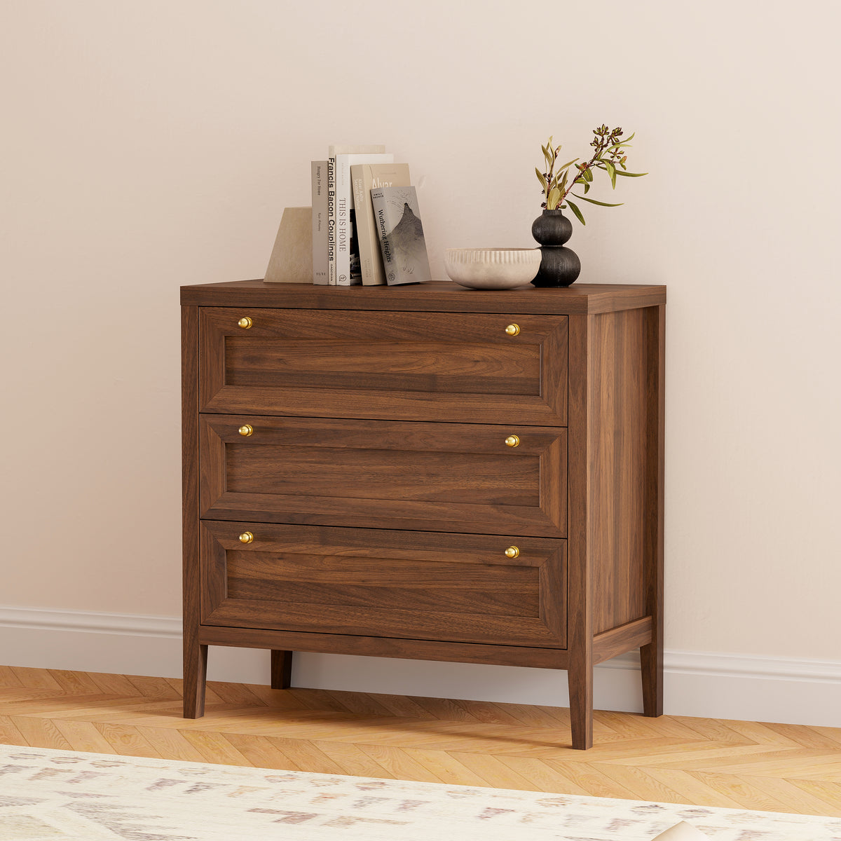 3 Drawers Dresser for Bedroom, Farmhouse Closet Storage Organizer with Golden Handles, Wooden Nightstand End Table for Living Room, Bedroom, Entryway, Hallway