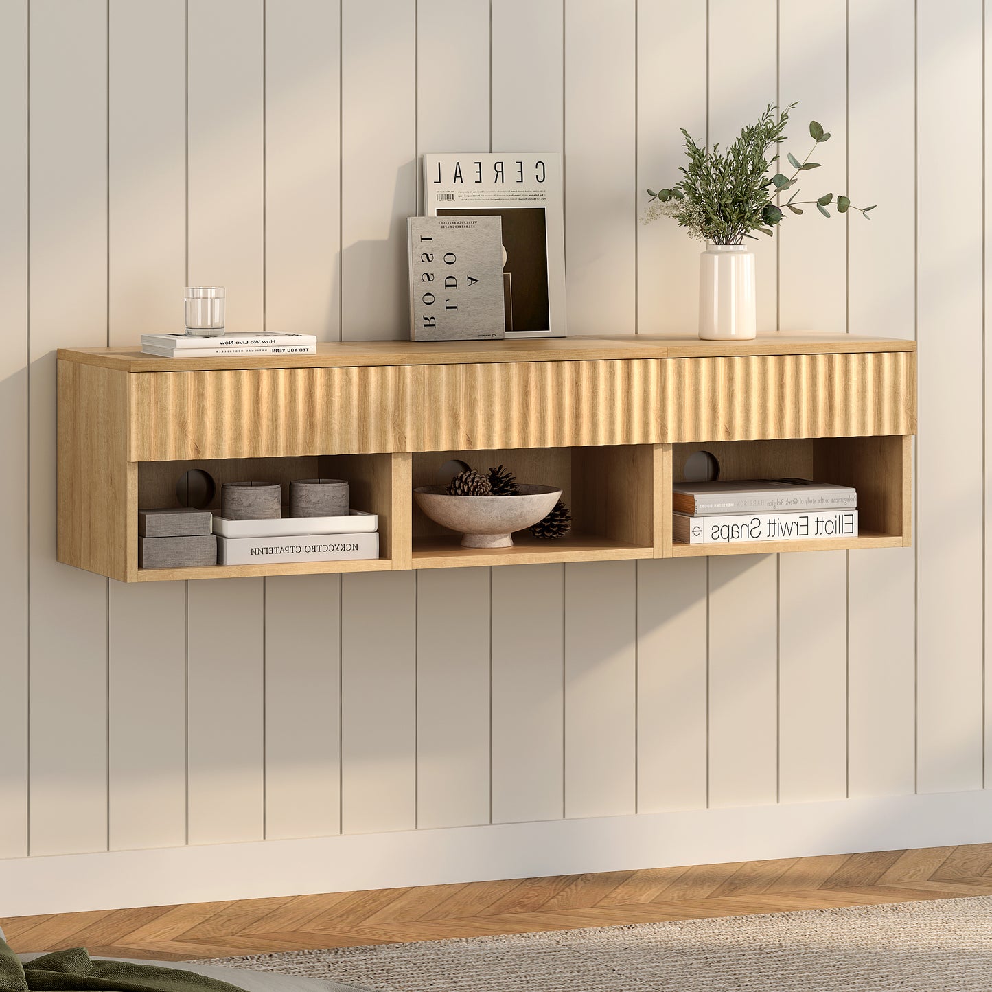 Floating nightstand，Modern Fluted Bedside Tables with Drawer & Open Shelf