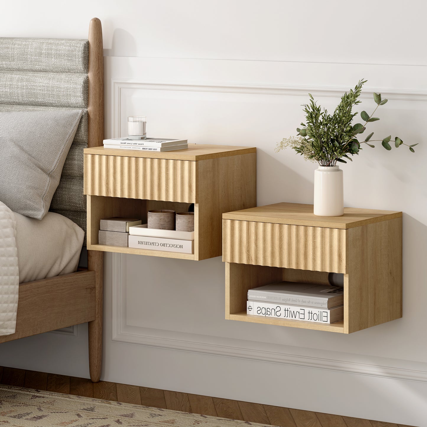 Floating nightstand，Modern Fluted Bedside Tables with Drawer & Open Shelf