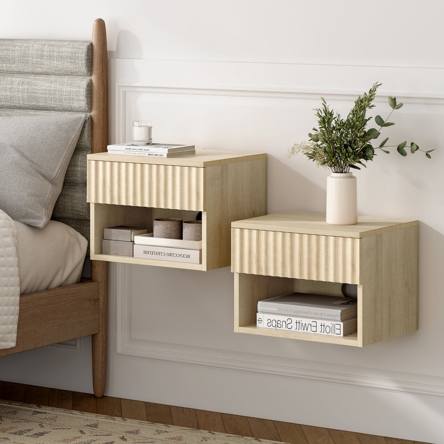 Floating nightstand，Modern Fluted Bedside Tables with Drawer & Open Shelf