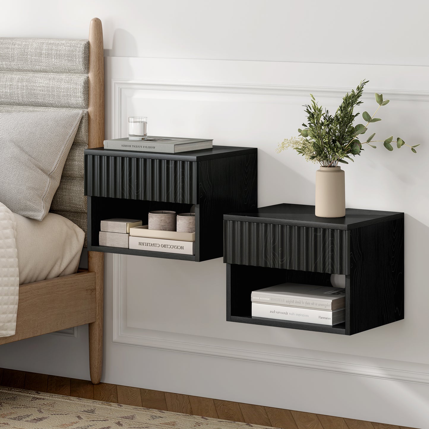 Floating nightstand，Modern Fluted Bedside Tables with Drawer & Open Shelf