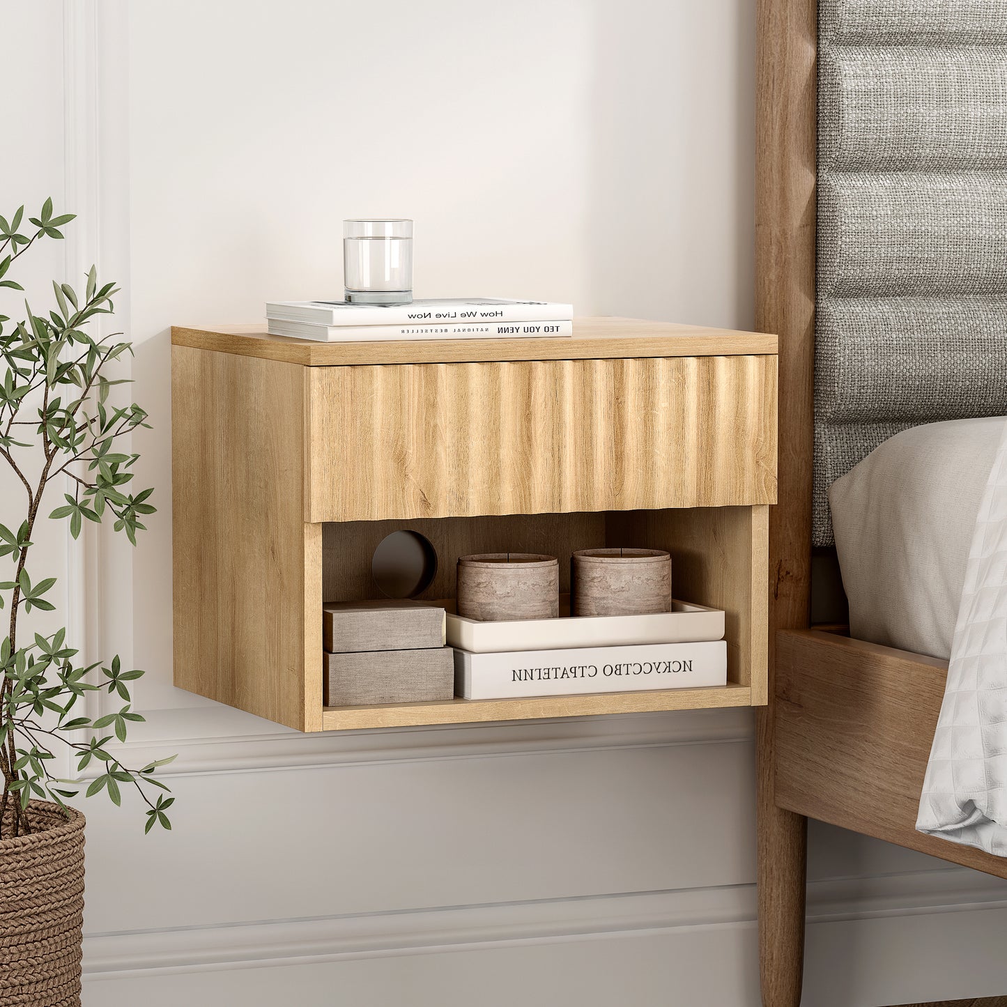 Floating nightstand，Modern Fluted Bedside Tables with Drawer & Open Shelf
