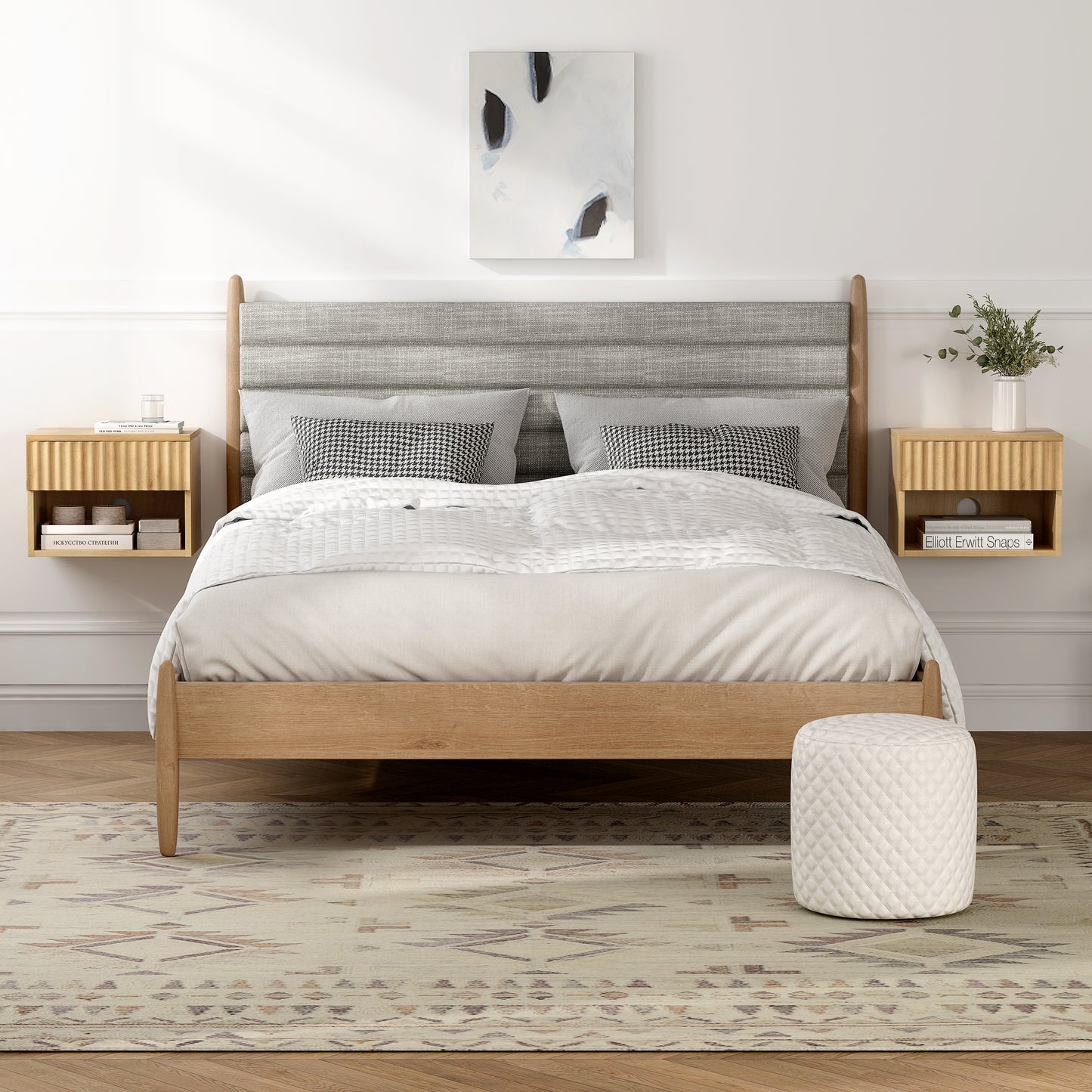 Floating nightstand，Modern Fluted Bedside Tables with Drawer & Open Shelf