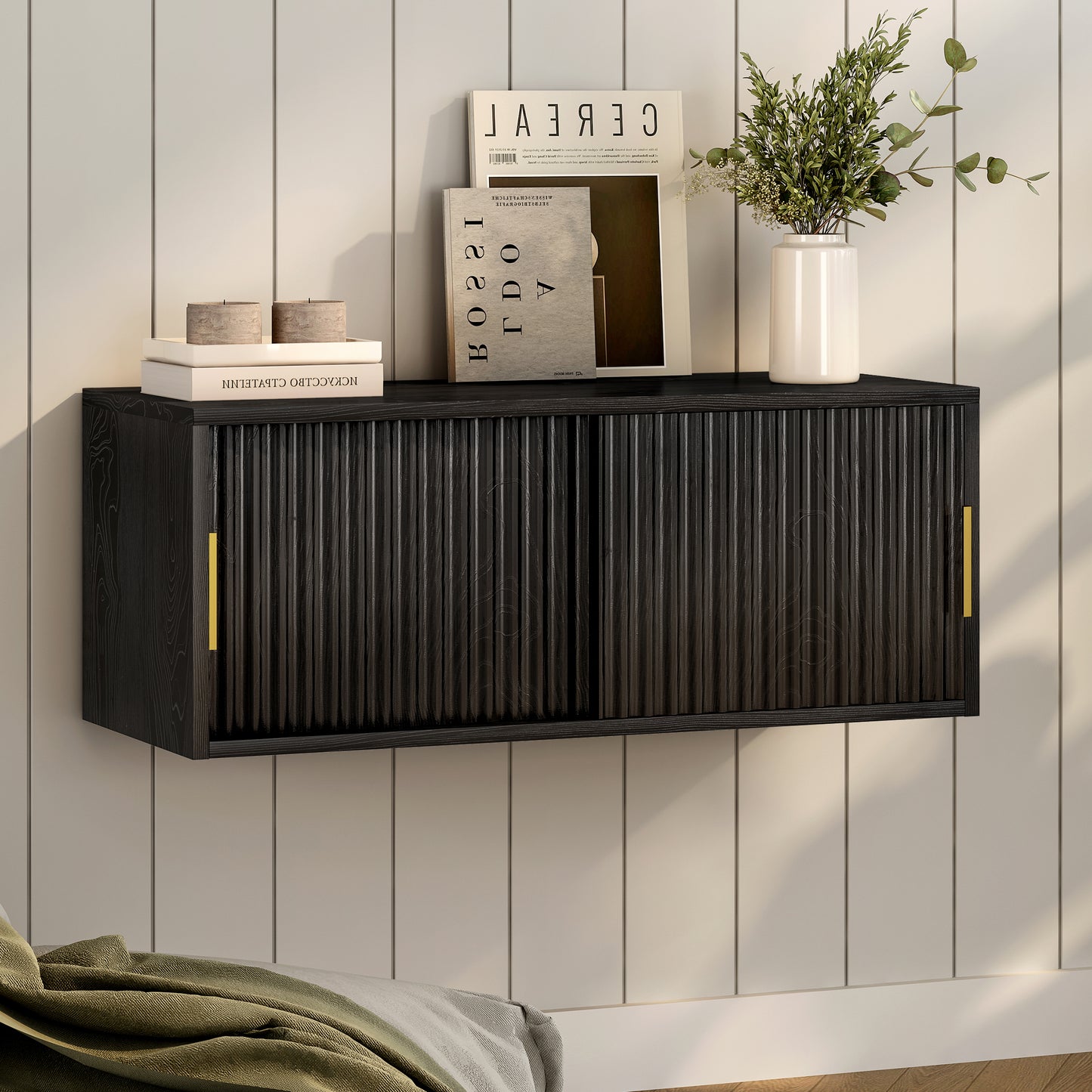 Fluted Floating TV Stand Set of 2, 30" Multi-Purpose Modern TV Display Shelf Console Entertainment Center Cabinet with Sliding Doors for Bedroom Living Room Entryway