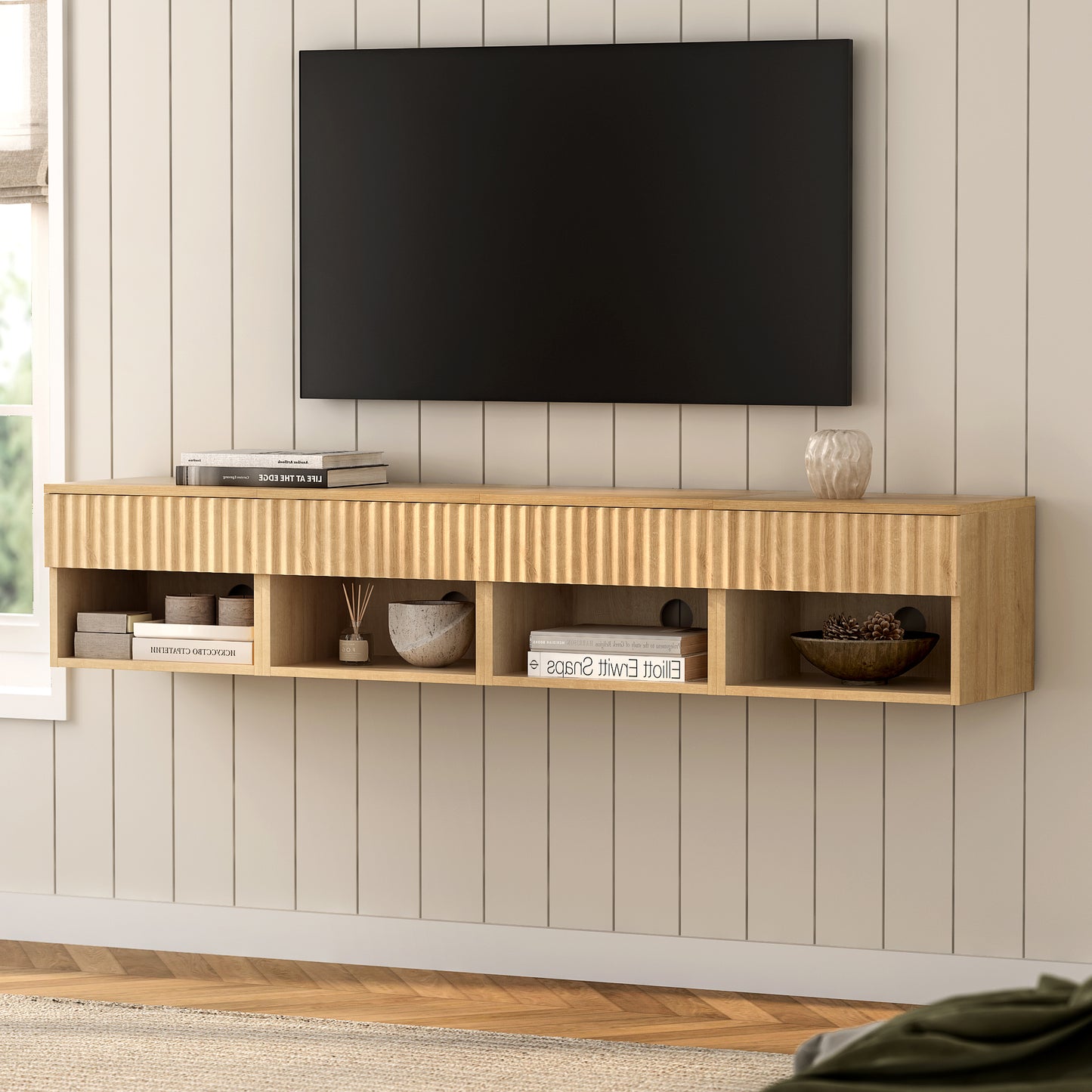 Floating nightstand，Modern Fluted Bedside Tables with Drawer & Open Shelf