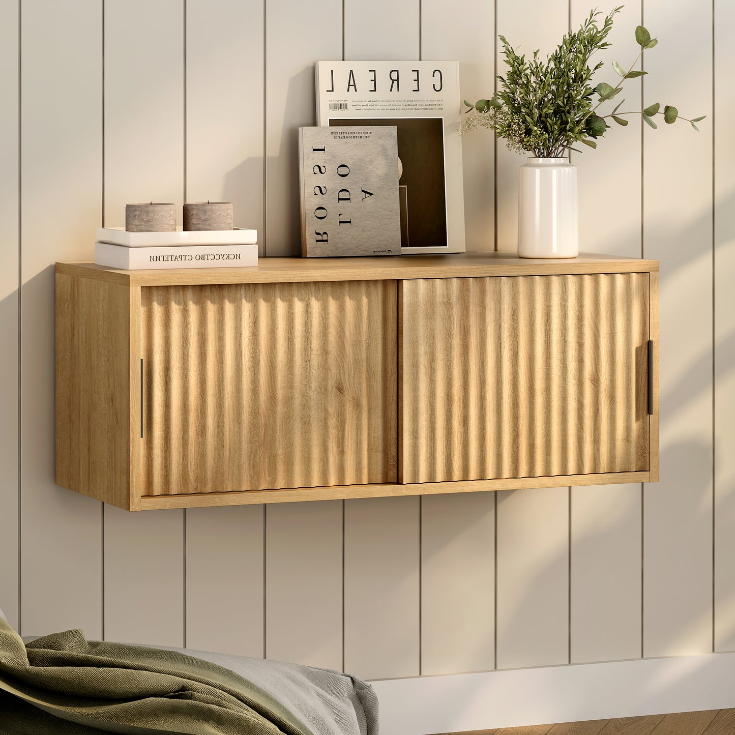 Fluted Floating TV Stand Set of 2, 30" Multi-Purpose Modern TV Display Shelf Console Entertainment Center Cabinet with Sliding Doors for Bedroom Living Room Entryway