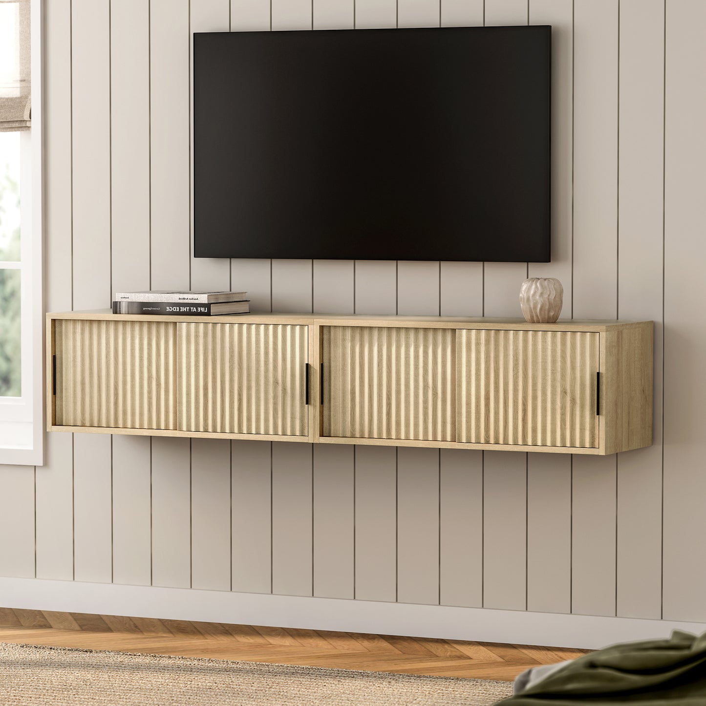 Fluted Floating TV Stand Set of 2, 30" Multi-Purpose Modern TV Display Shelf Console Entertainment Center Cabinet with Sliding Doors for Bedroom Living Room Entryway