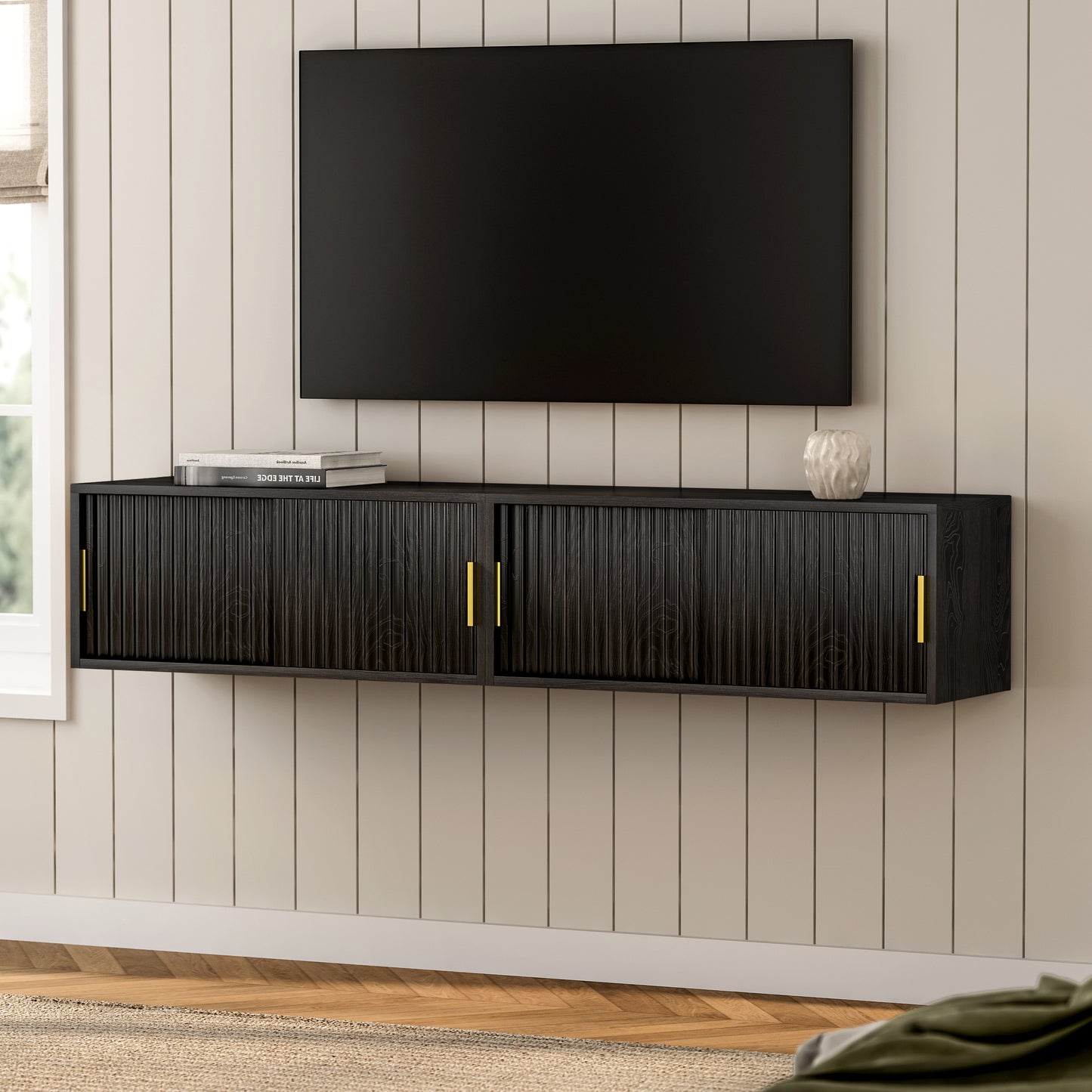 Fluted Floating TV Stand Set of 2, 30" Multi-Purpose Modern TV Display Shelf Console Entertainment Center Cabinet with Sliding Doors for Bedroom Living Room Entryway