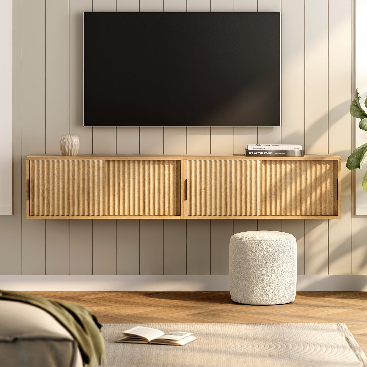 Fluted Floating TV Stand Set of 2, 30" Multi-Purpose Modern TV Display Shelf Console Entertainment Center Cabinet with Sliding Doors for Bedroom Living Room Entryway