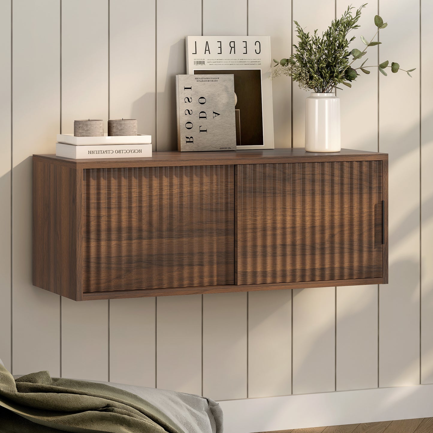Fluted Floating TV Stand Set of 2, 30" Multi-Purpose Modern TV Display Shelf Console Entertainment Center Cabinet with Sliding Doors for Bedroom Living Room Entryway