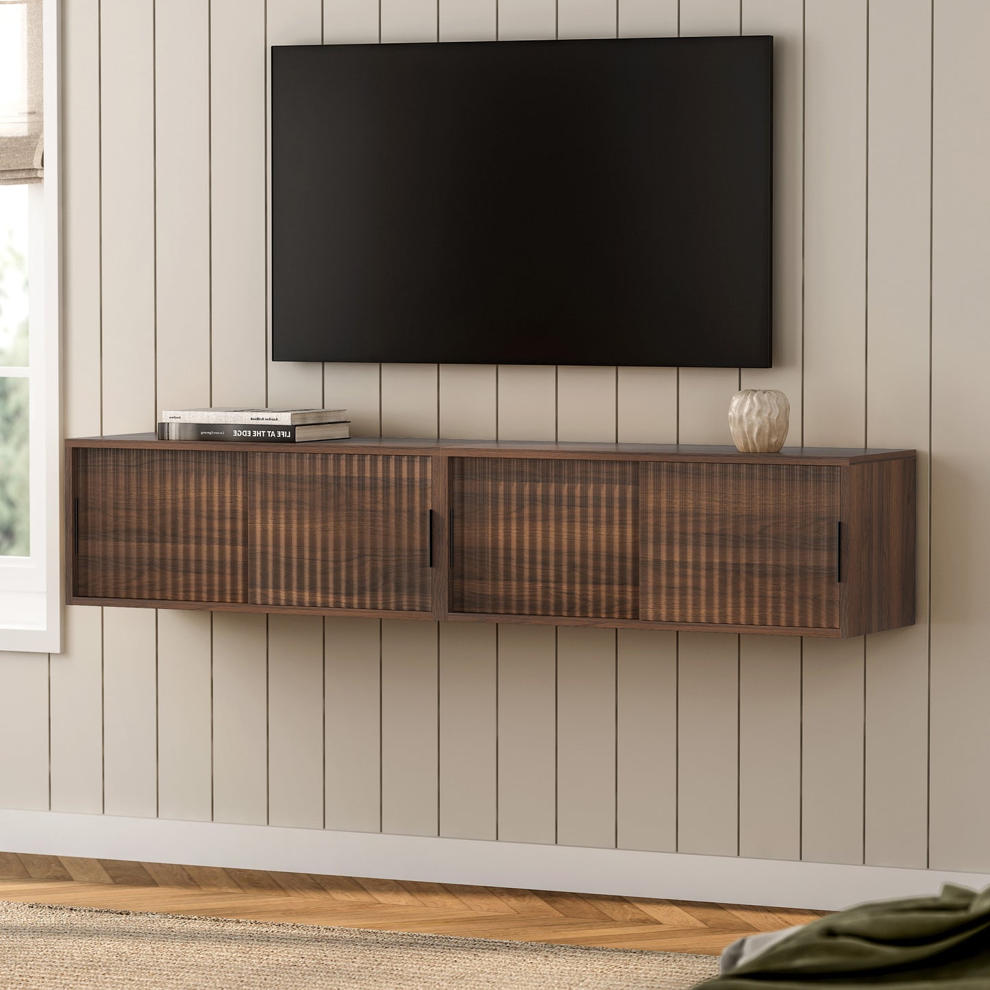 Fluted Floating TV Stand Set of 2, 30" Multi-Purpose Modern TV Display Shelf Console Entertainment Center Cabinet with Sliding Doors for Bedroom Living Room Entryway