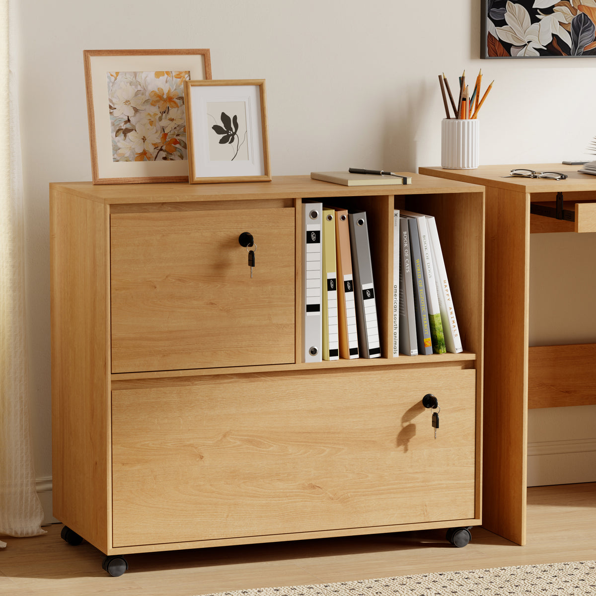 2 Drawer Mobile File Cabinet with Lock, Wood Lateral Filing Cabinet with 2 Open Shelves, Fits for A4/Letter-Sized Files, Printer for Home Office