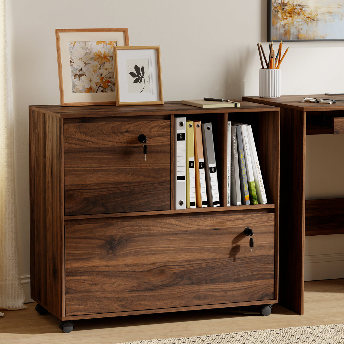 2 Drawer Mobile File Cabinet with Lock, Wood Lateral Filing Cabinet with 2 Open Shelves, Fits for A4/Letter-Sized Files, Printer for Home Office