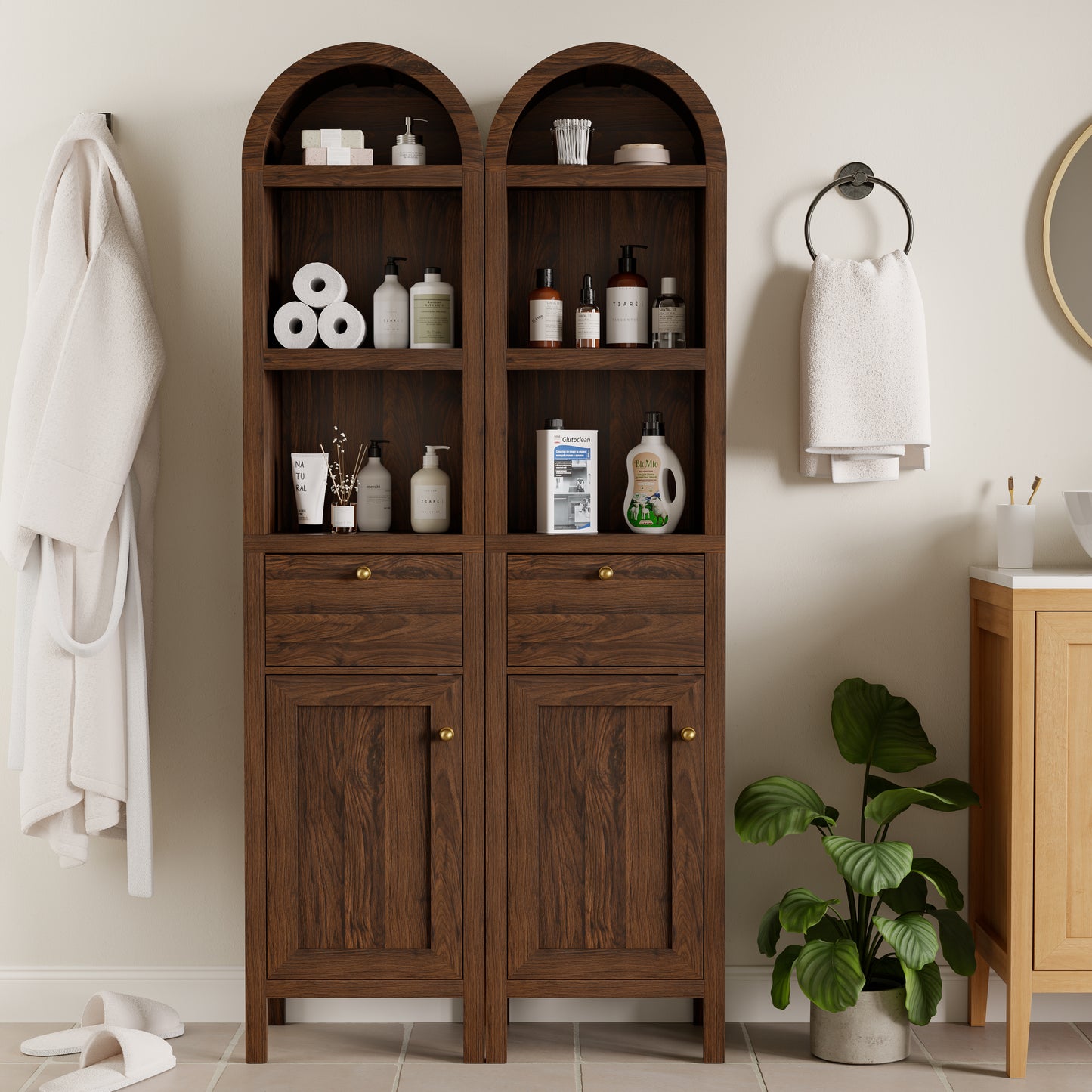 67" Arched Tall Narrow Bathroom Storage Cabinet Brown | Arched Roof / Adjustable Shelves / Smooth Guide Rails / Anti-tilt Kit / Magnetic Attachment Design / Sturdy Wooden Legs