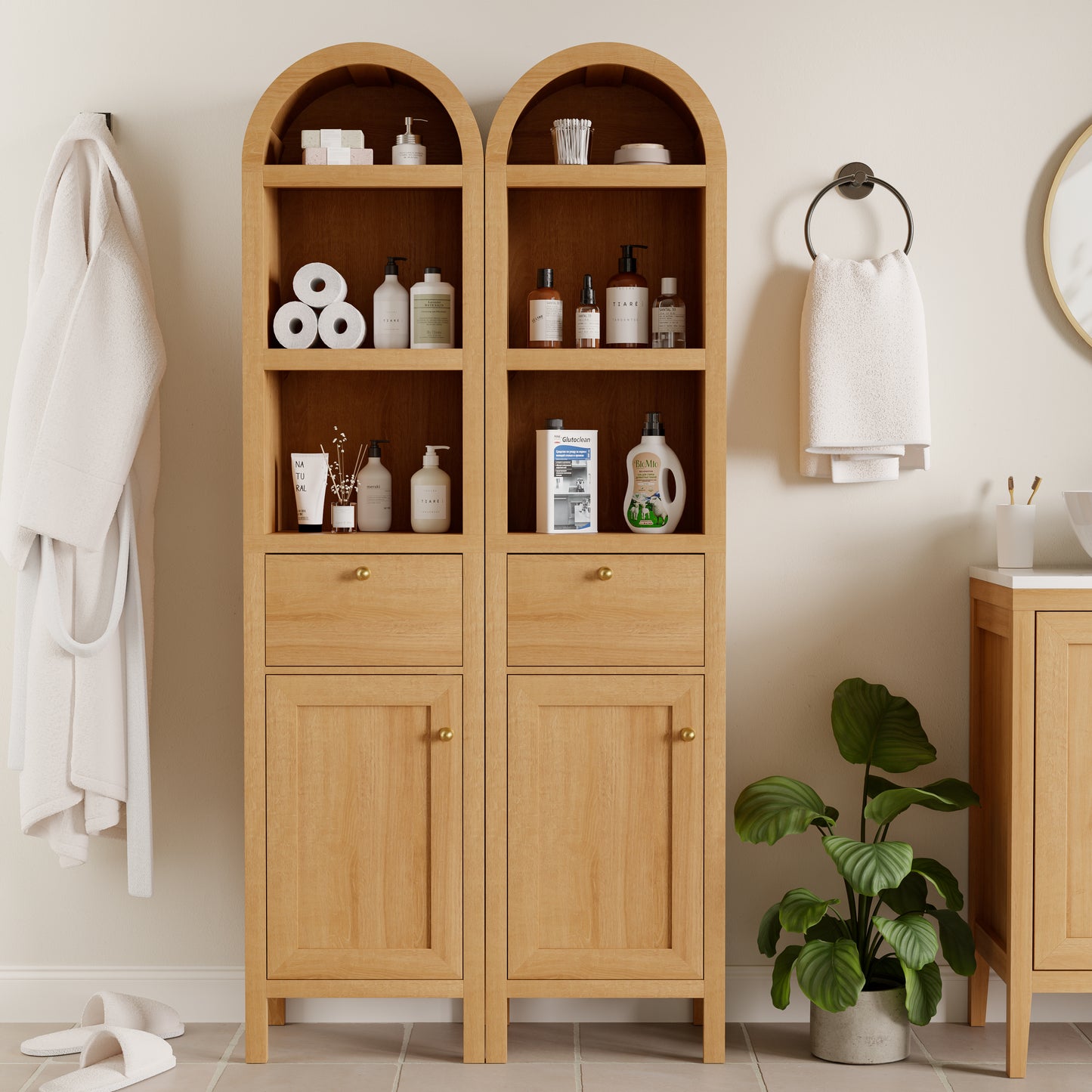 67" Arched Tall Narrow Bathroom Storage Cabinet Brown | Arched Roof / Adjustable Shelves / Smooth Guide Rails / Anti-tilt Kit / Magnetic Attachment Design / Sturdy Wooden Legs