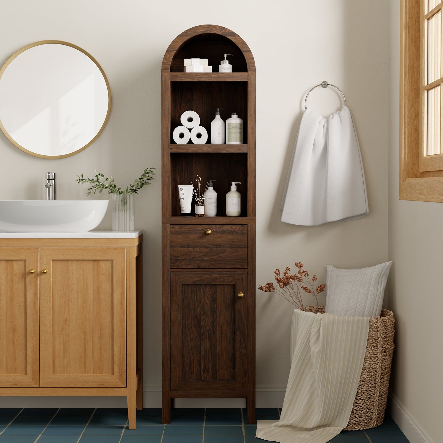 67" Arched Tall Narrow Bathroom Storage Cabinet Brown | Arched Roof / Adjustable Shelves / Smooth Guide Rails / Anti-tilt Kit / Magnetic Attachment Design / Sturdy Wooden Legs