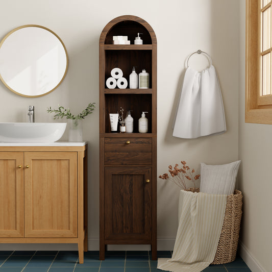 67" Arched Tall Narrow Bathroom Storage Cabinet Brown | Arched Roof / Adjustable Shelves / Smooth Guide Rails / Anti-tilt Kit / Magnetic Attachment Design / Sturdy Wooden Legs