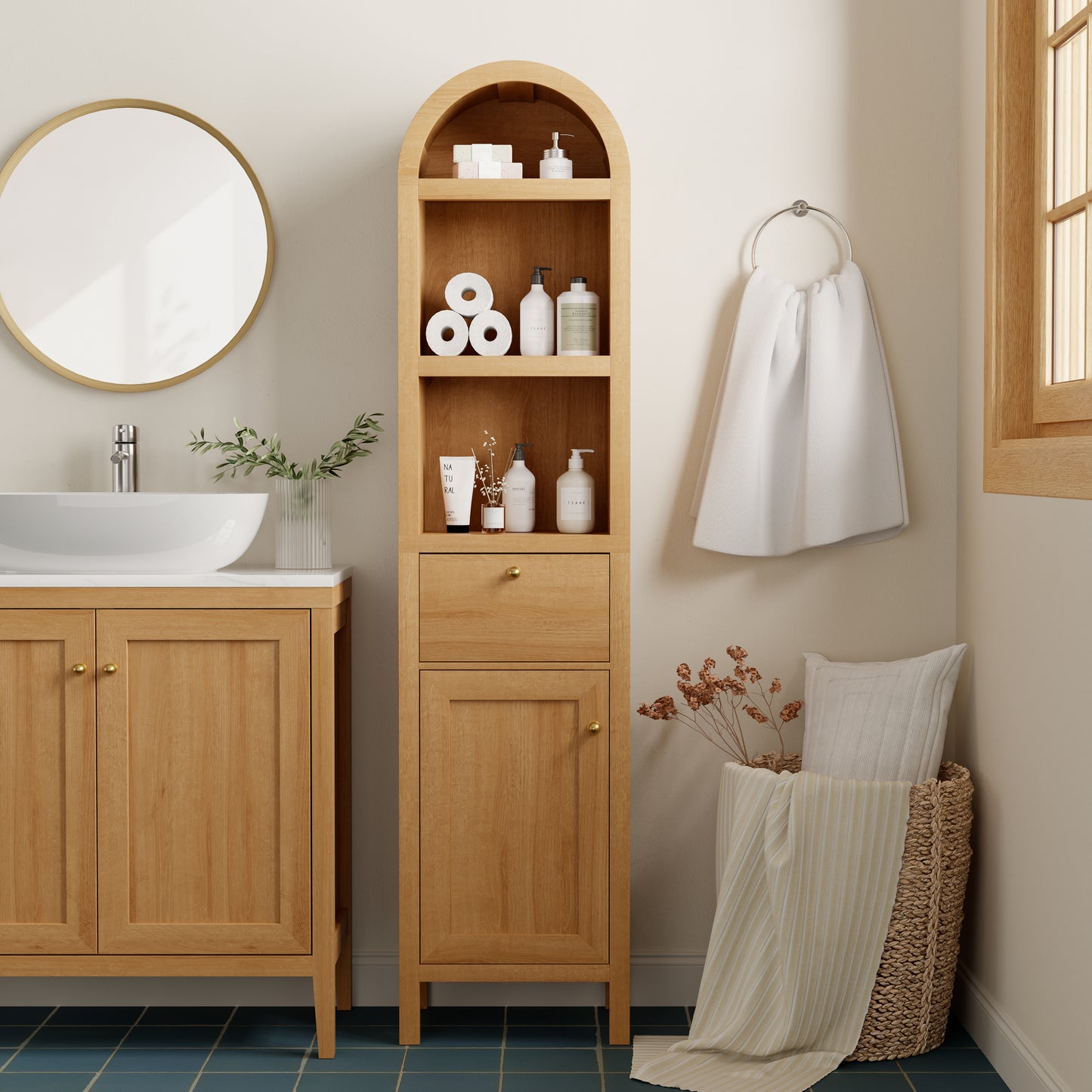 67" Arched Tall Narrow Bathroom Storage Cabinet Brown | Arched Roof / Adjustable Shelves / Smooth Guide Rails / Anti-tilt Kit / Magnetic Attachment Design / Sturdy Wooden Legs