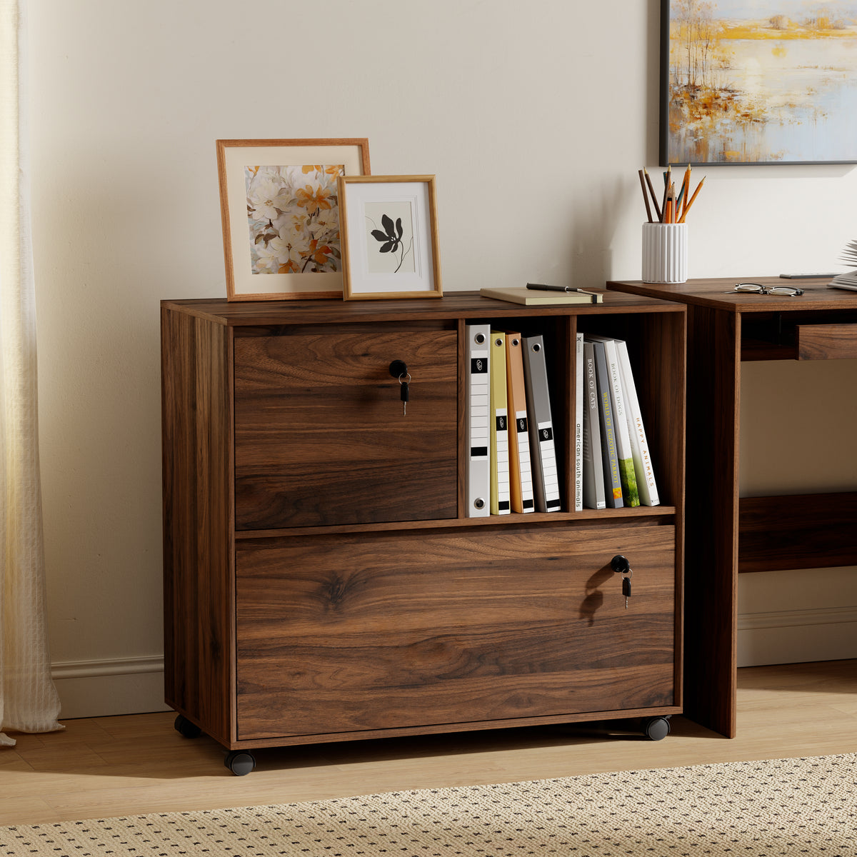 2 Drawer Mobile File Cabinet with Lock, Wood Lateral Filing Cabinet with 2 Open Shelves, Fits for A4/Letter-Sized Files, Printer for Home Office