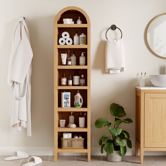 67" Tall Narrow Arched Bookshelf with Adjustable Shelves, 6 Tiers Arch Bookcase, Farmhouse Arched Tall Slim Bookshelf Living Room, Kitchen, and Home Office