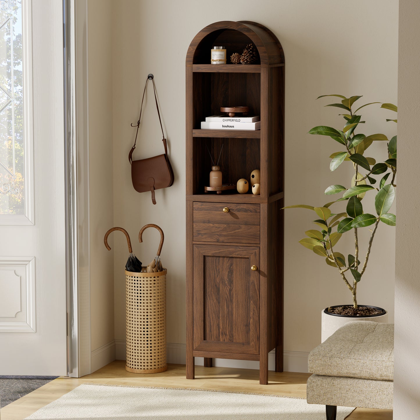 67" Arched Tall Narrow Bathroom Storage Cabinet Brown | Arched Roof / Adjustable Shelves / Smooth Guide Rails / Anti-tilt Kit / Magnetic Attachment Design / Sturdy Wooden Legs