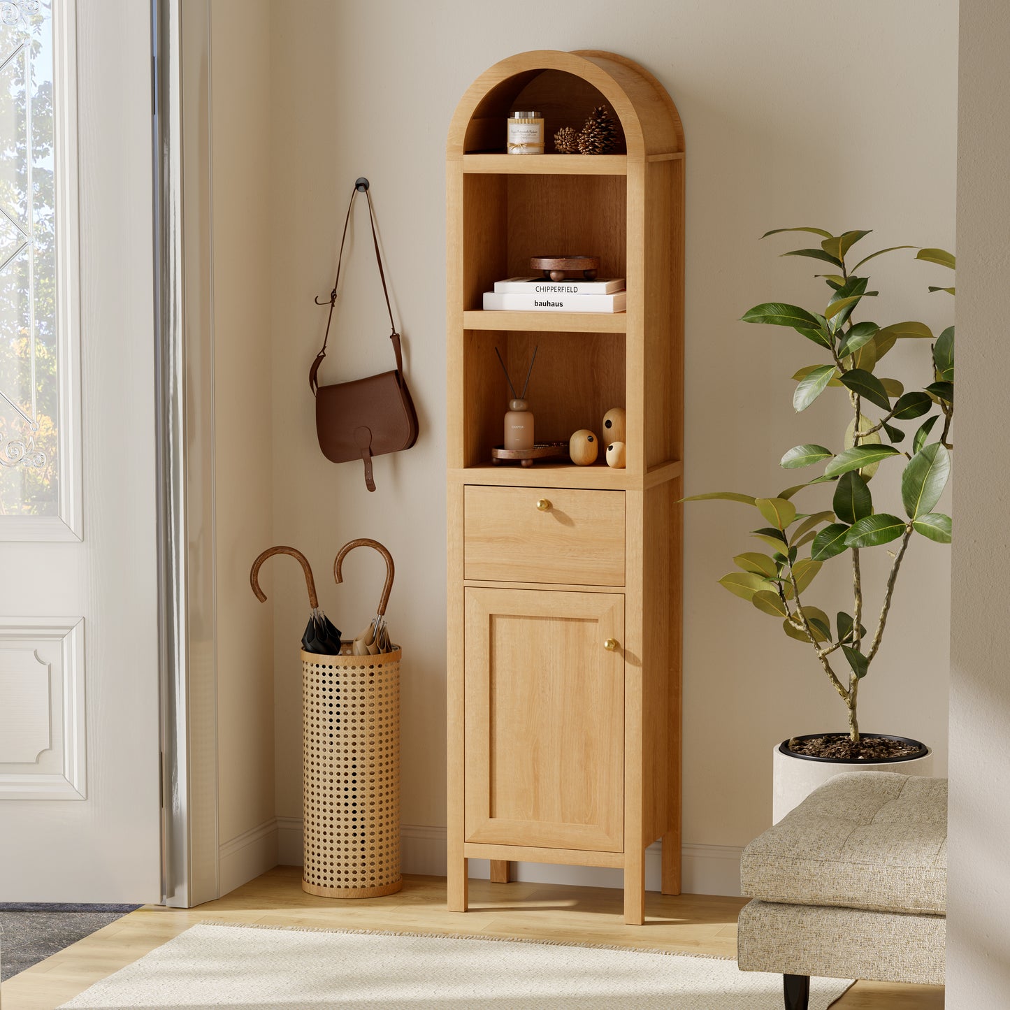 67" Arched Tall Narrow Bathroom Storage Cabinet Brown | Arched Roof / Adjustable Shelves / Smooth Guide Rails / Anti-tilt Kit / Magnetic Attachment Design / Sturdy Wooden Legs