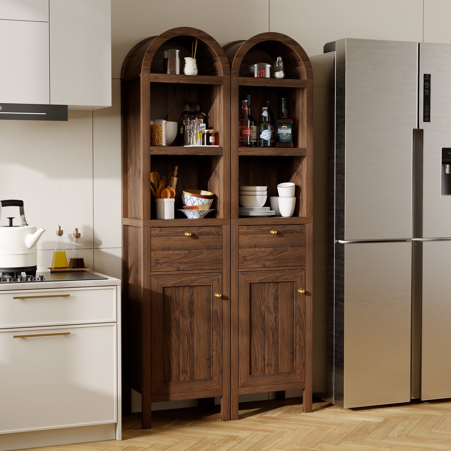 67" Arched Tall Narrow Bathroom Storage Cabinet Brown | Arched Roof / Adjustable Shelves / Smooth Guide Rails / Anti-tilt Kit / Magnetic Attachment Design / Sturdy Wooden Legs