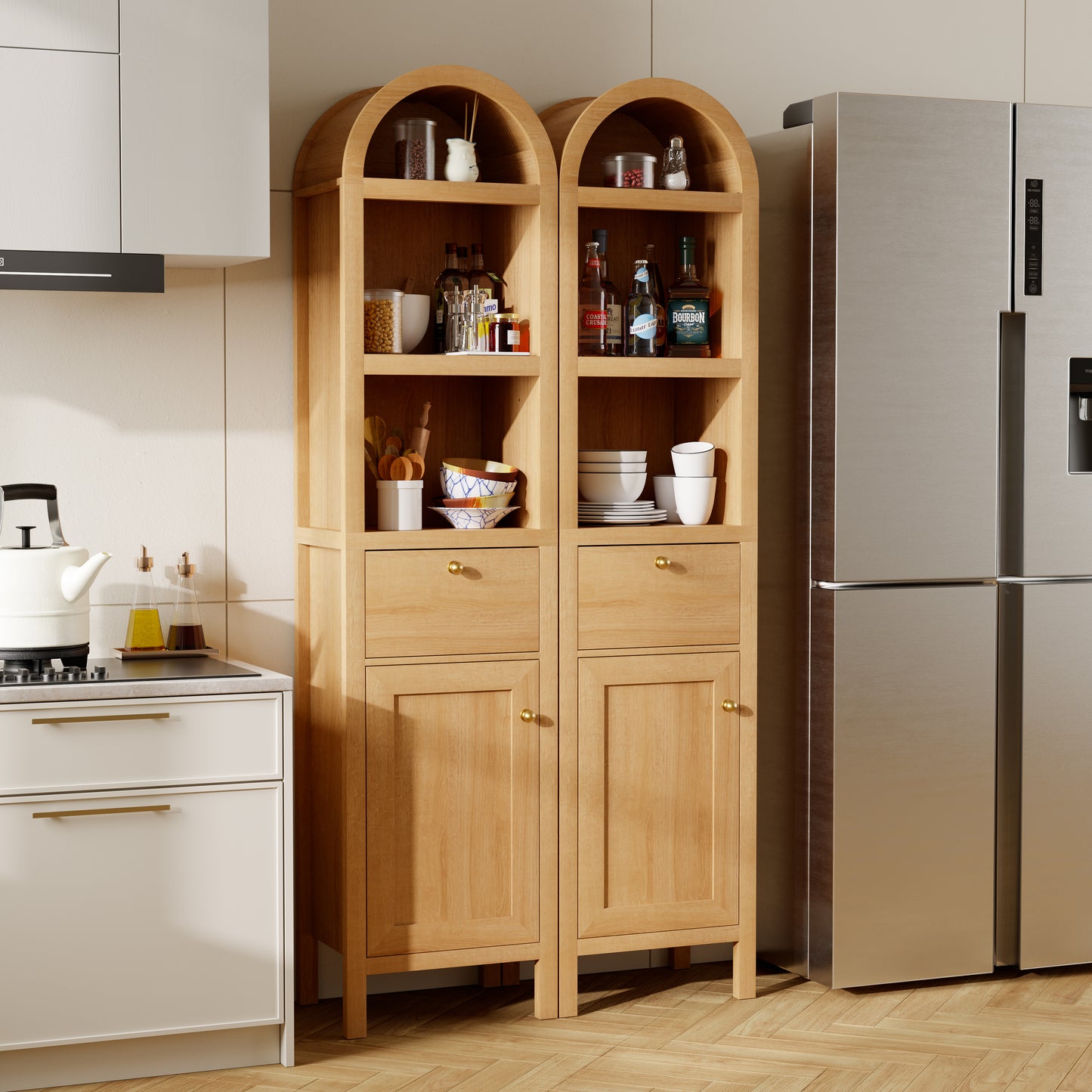 67" Arched Tall Narrow Bathroom Storage Cabinet Brown | Arched Roof / Adjustable Shelves / Smooth Guide Rails / Anti-tilt Kit / Magnetic Attachment Design / Sturdy Wooden Legs