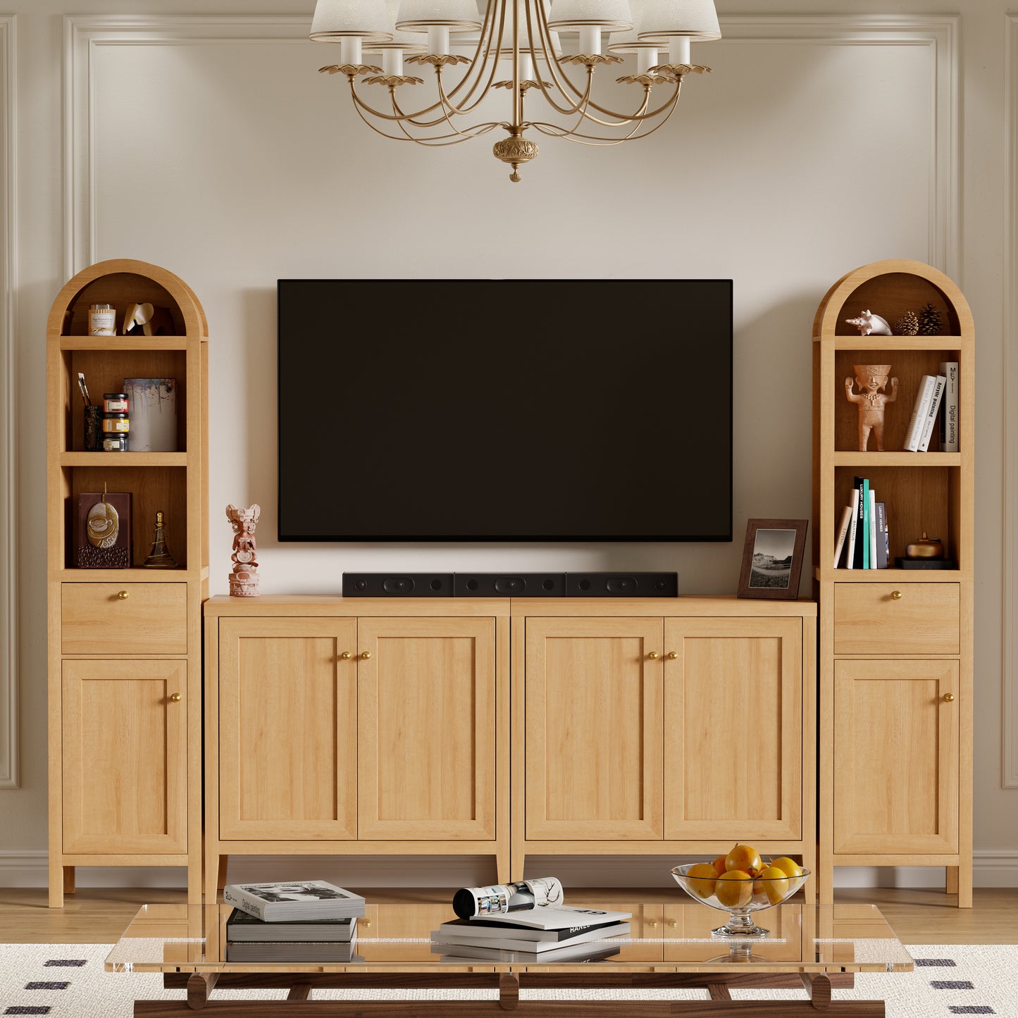 67" Arched Tall Narrow Bathroom Storage Cabinet Brown | Arched Roof / Adjustable Shelves / Smooth Guide Rails / Anti-tilt Kit / Magnetic Attachment Design / Sturdy Wooden Legs
