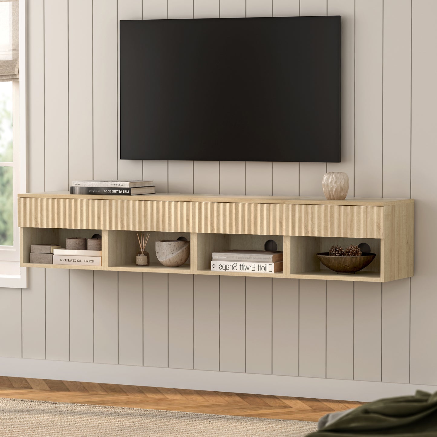 Floating nightstand，Modern Fluted Bedside Tables with Drawer & Open Shelf