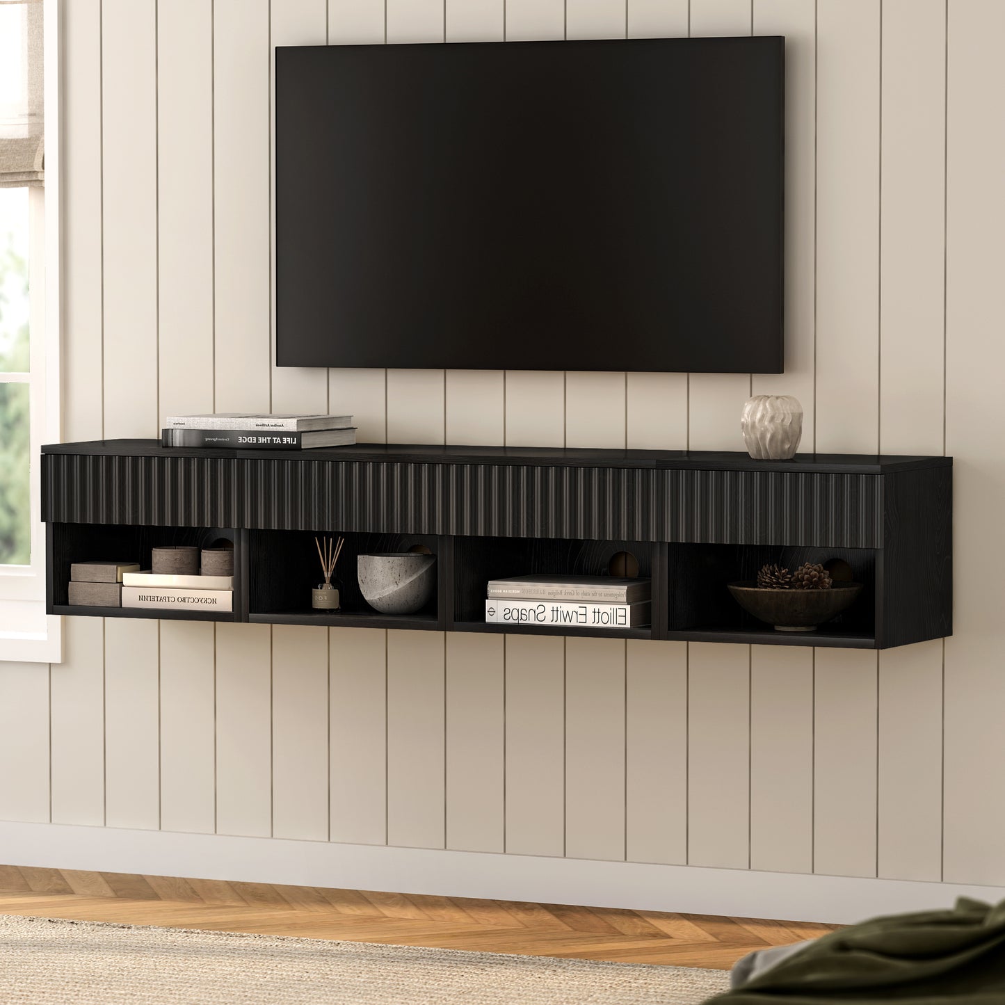 Floating nightstand，Modern Fluted Bedside Tables with Drawer & Open Shelf
