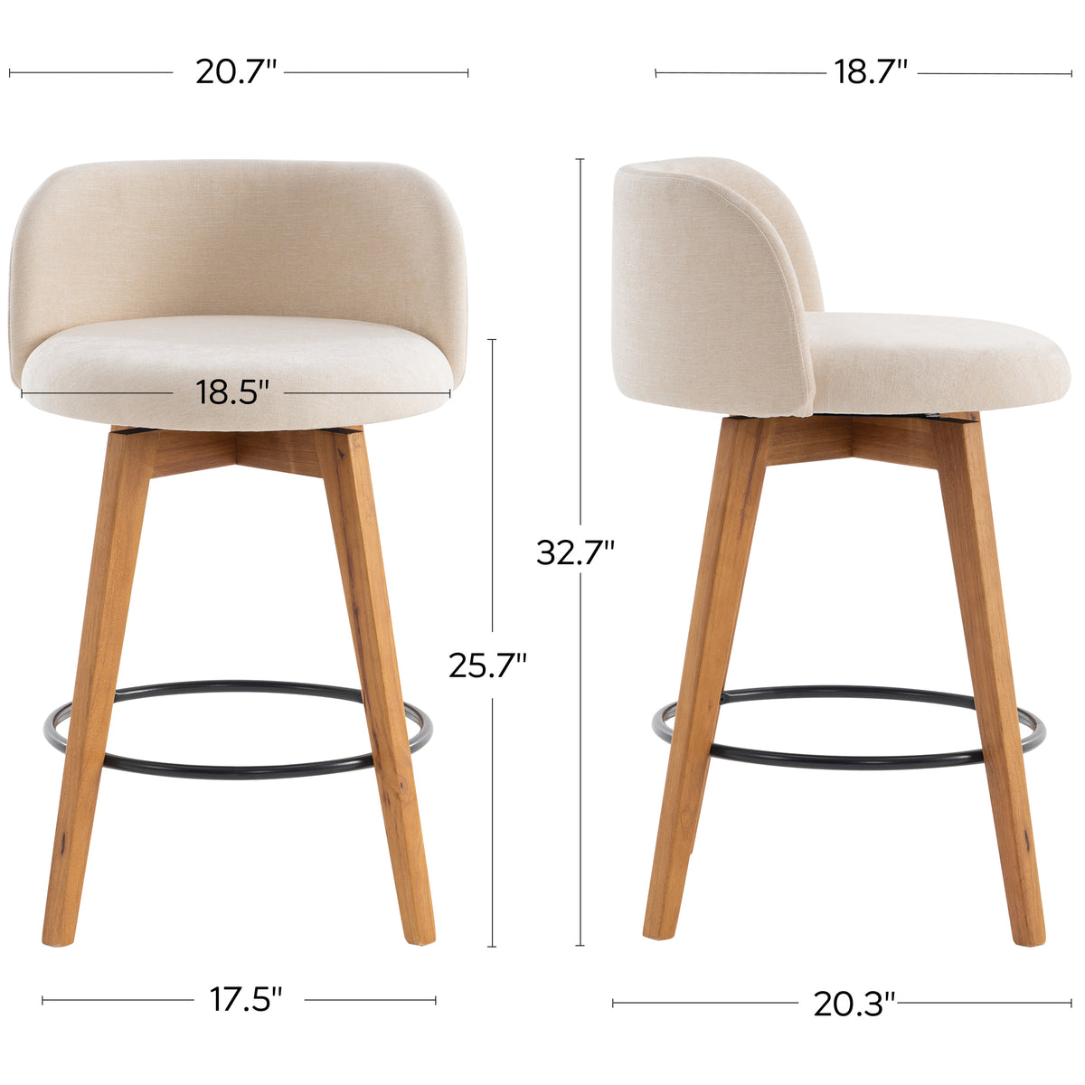 26" Swivel Bar Stools Set of 4, Farmhouse Upholstered Bar Chairs with Curved Back and Wood Legs, Chenille Fabric Counter Height Island Chairs for Kitchen Island