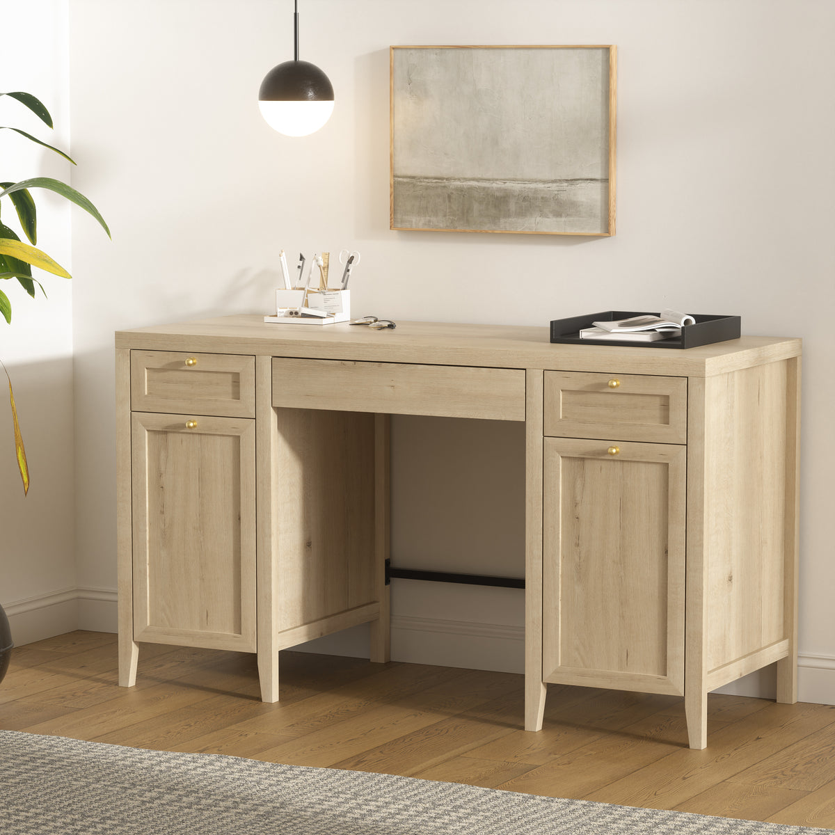52" Executive Desk with Storage Drawers, Farmhouse Home Office Desk with 2 Storage Cabinets Wood Computer Writing Desk for Study Office