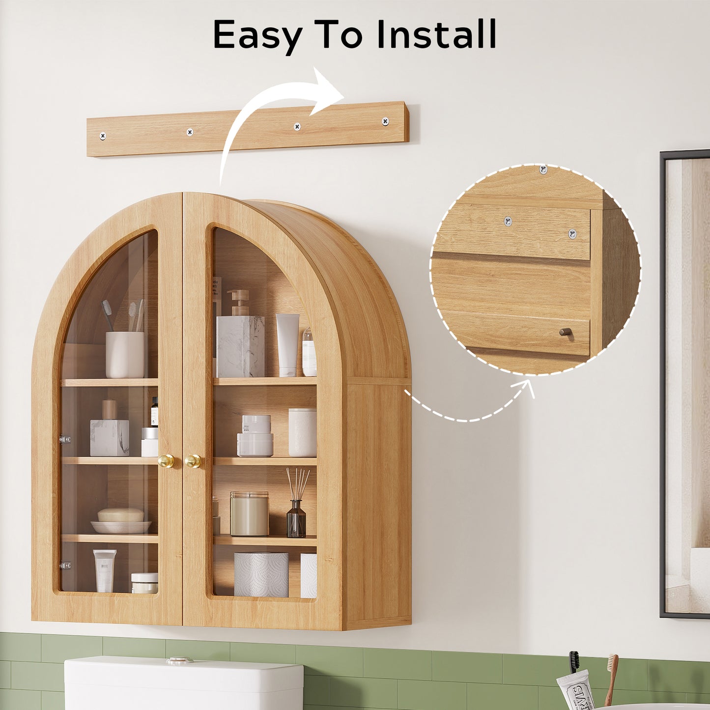 Modern Arched Wall Cabinet, 23.6" Medicine Cabinet with Glass Doors & Adjustable Shelves, Wall Mounted Wood Cabinet for Bathroom, Laundry Room, Kitchen