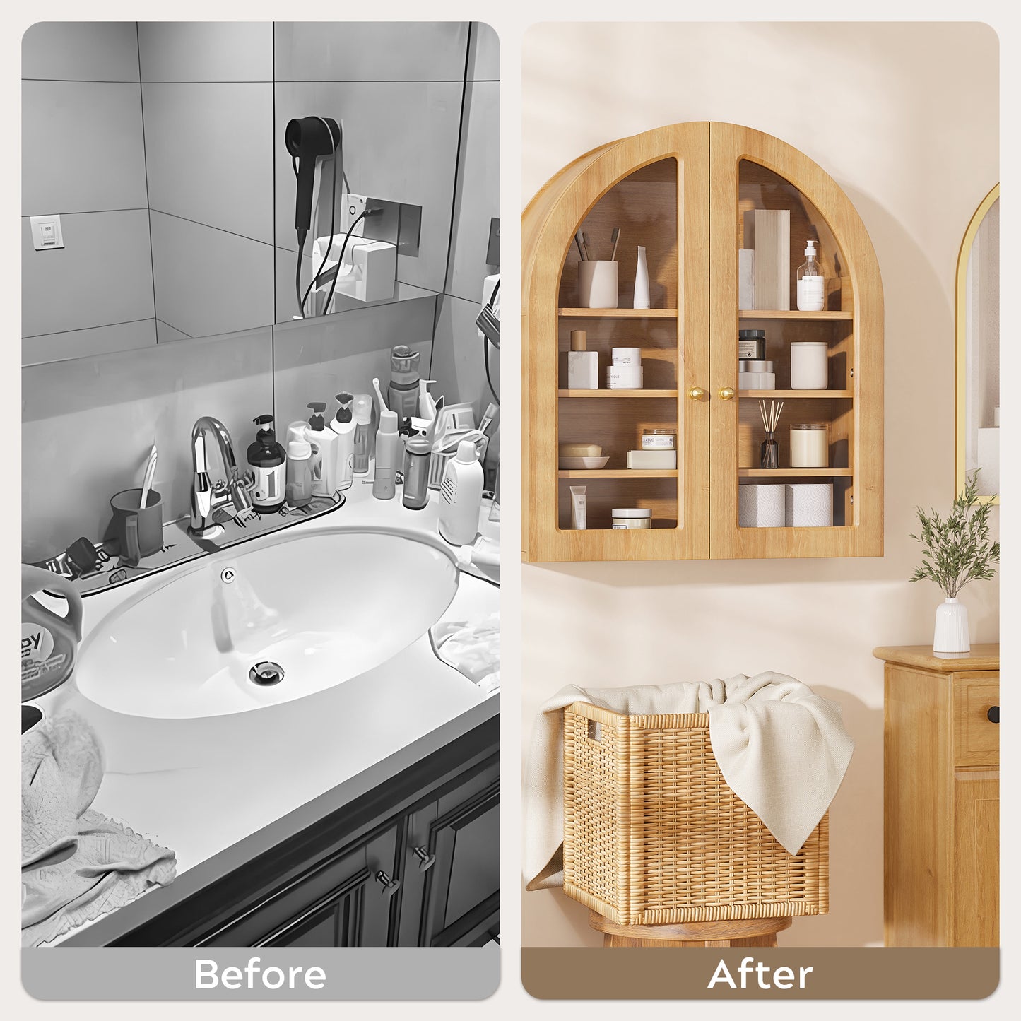 Modern Arched Wall Cabinet, 23.6" Medicine Cabinet with Glass Doors & Adjustable Shelves, Wall Mounted Wood Cabinet for Bathroom, Laundry Room, Kitchen