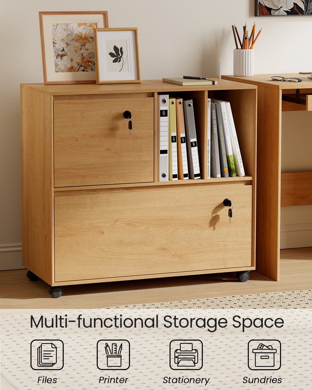 2 Drawer Mobile File Cabinet with Lock, Wood Lateral Filing Cabinet with 2 Open Shelves, Fits for A4/Letter-Sized Files, Printer for Home Office