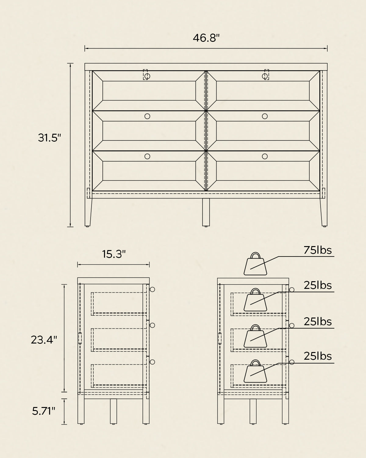 6 Drawer Dresser 47" Wide Chest of Drawers Mid Century Modern Wooden Storage Dresser Organizer TV Stand